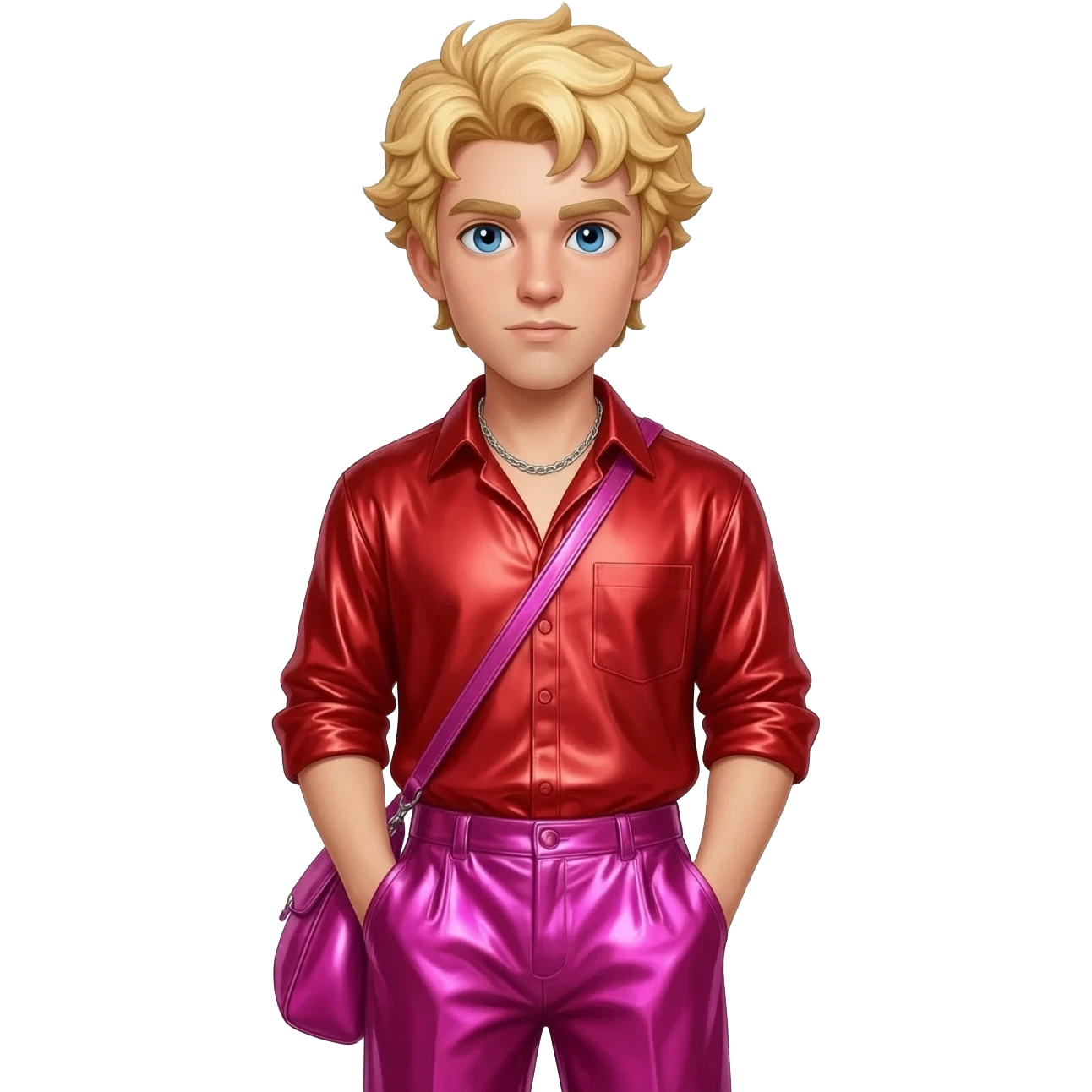Eros from Greek Mythology with blue eyes, blonde hair, red metallic shirt, hot pink metallic baggy pants, silver necklace emoji