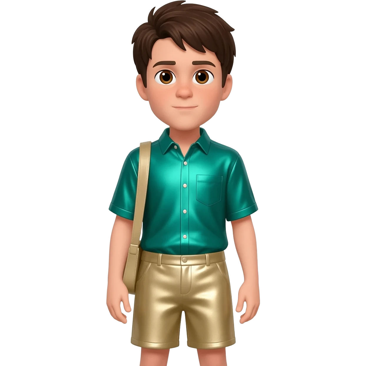 Chris Kratt with brown eyes, dark brown hair, green blue metallic shirt, beige metallic baggy shorts emoji