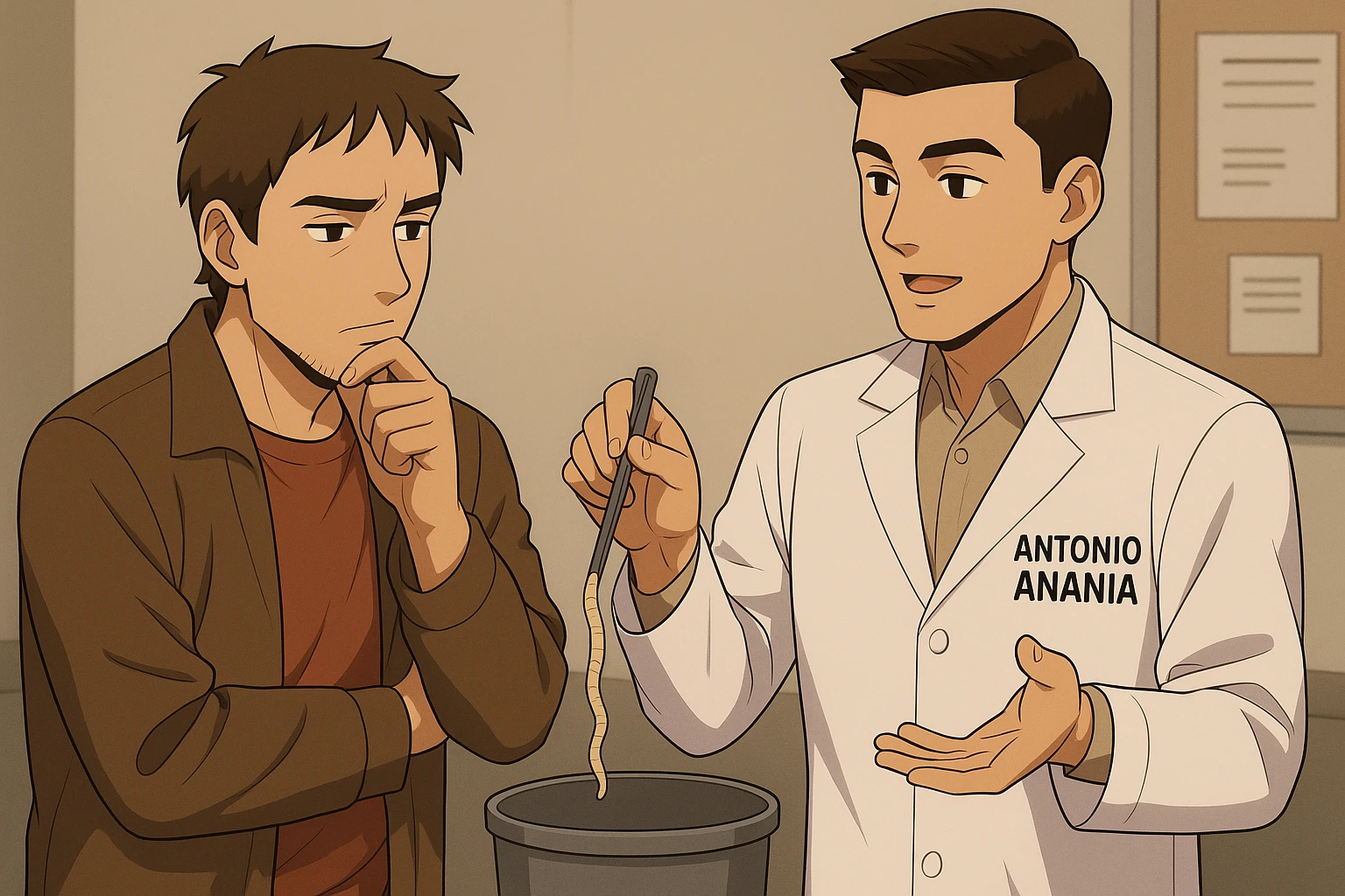 fai un webtoon manga a colori con questo stile, in cui un uomo ascolto il kinesiologo con il camice bianco (fagli anche la scritta "ANTONIO ANANIA" SUL CAMICE, il kinesiologo con il camice lascia cadere un verme lungo e beige chiaro nella spazzatura, IL KINESIOLOGO SPIEGA ALL'UOMO UNA cosa. L'UOMO ha un ESPRESSIONE pensierosa IN VOLTO mentre si tocca il mento con l'indice. non fare i fumetti però, fai solo in modo che sembri stiano parlando emoji