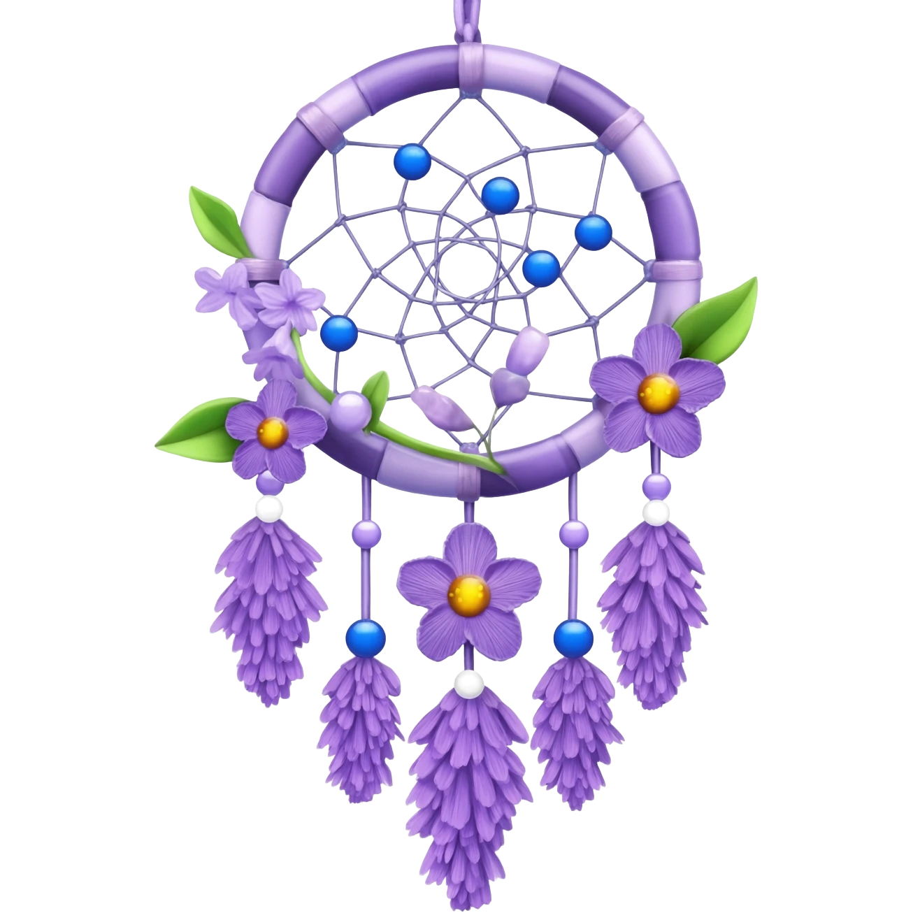 Lavender lilac pastel purple dreamcatcher-suncatcher with lavender flowers and lilac flowers attached, blue beads, and white beads, green leaves emoji