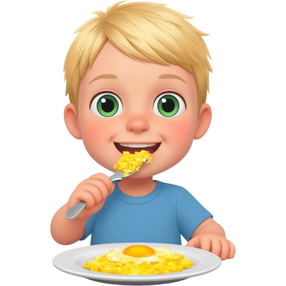 Use the same 3 year old blonde boy with green-blueish as before eyes happy eating scrambled eggs on a plate for breakfast emoji