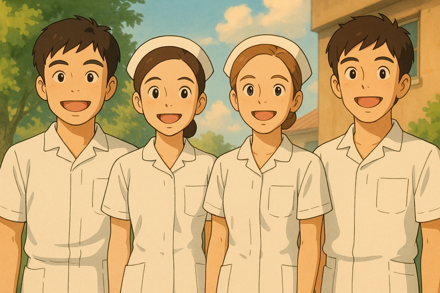 quatre étudiants infirmiers debout côte à côte, ambiance chaleureuse et conviviale, tenues blanches complètes à manches courtes, bras dégagés, sans stéthoscope, style Ghibli, traits inspirés des quatre visages des photos jointes, amical et lumineux emoji