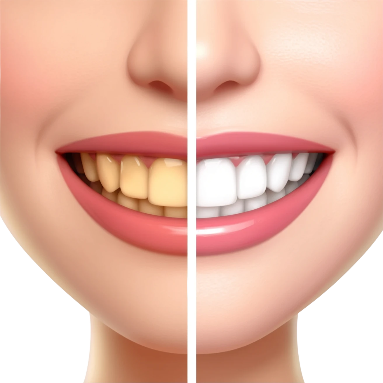 split-screen close-up of smile showing a teeth whitening before-and-after comparison. Left side with slightly yellow, natural teeth; right side with bright white, polished teeth. Glossy pink lips, smooth skin, soft studio lighting, vertical divider line in the center, detailed texture emoji