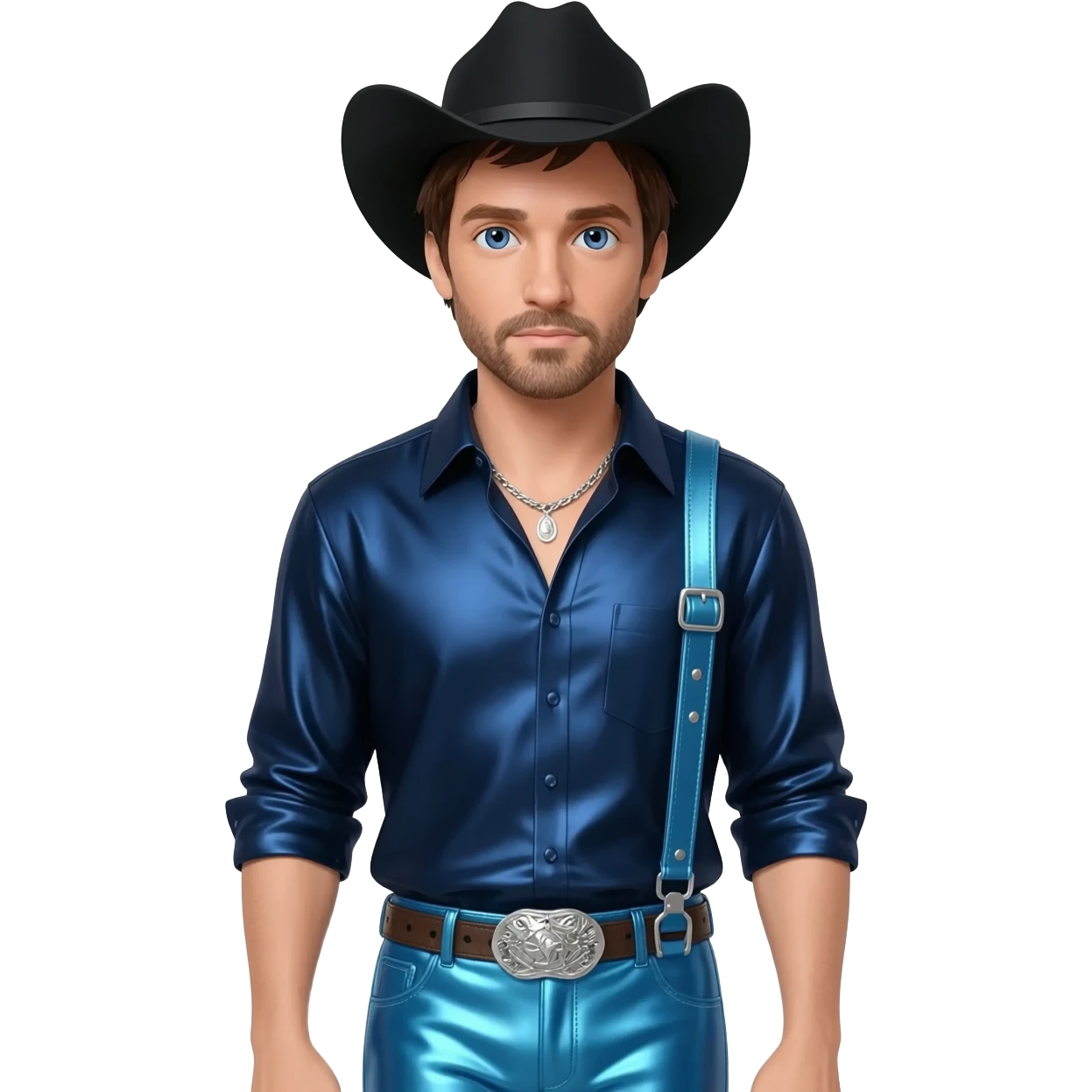 Jake Gyllenhaal with blue eyes, dark brown hair, black cowboy hat, dark blue metallic shirt, periwinkle blue metallic baggy pants, silver necklace emoji