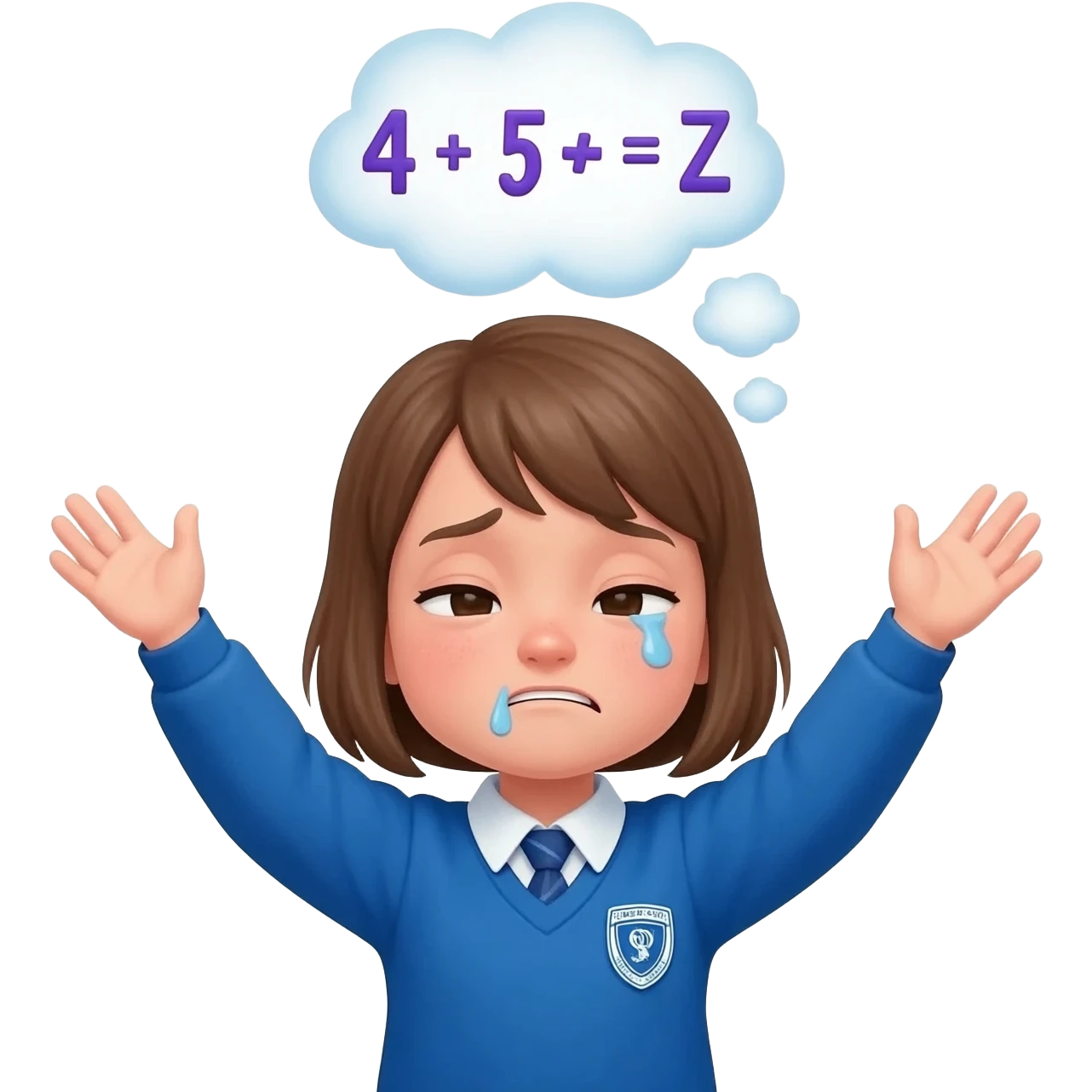 primary school girl looking sad thinking about Maths (thought bubble with maths symbols inside) wearing a blue uniform with a river primary school badge. Arms in the air big smile on face emoji