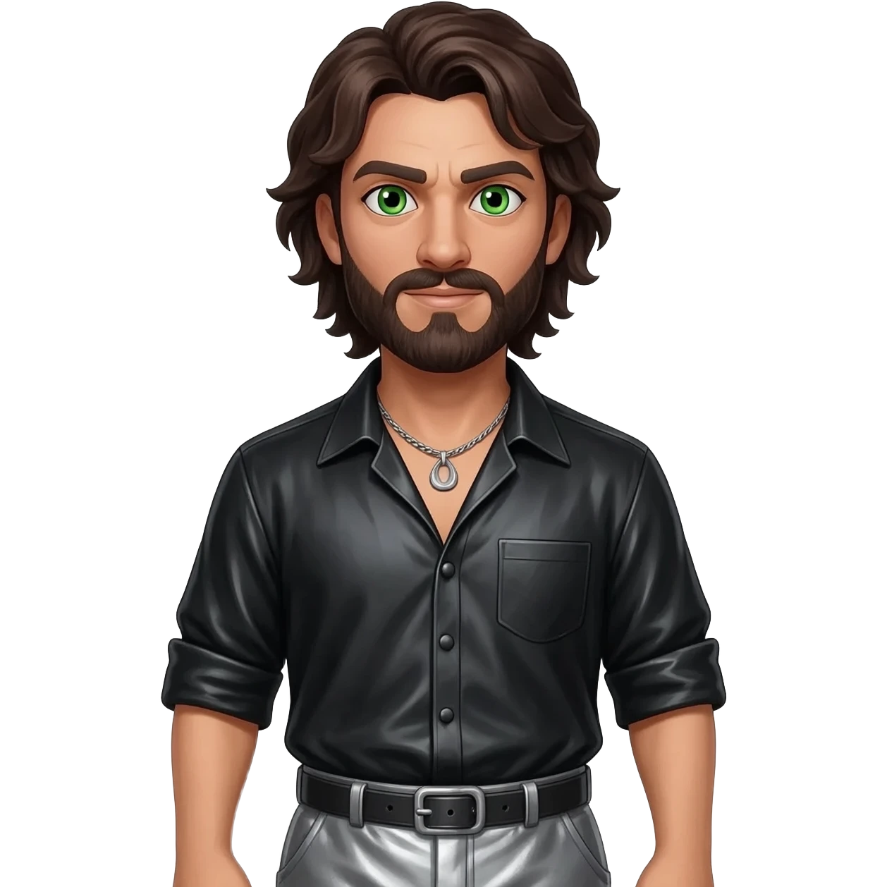 Iago from Othello with green eyes, dark brown hair, black metallic shirt, gray metallic baggy pants, silver necklace emoji