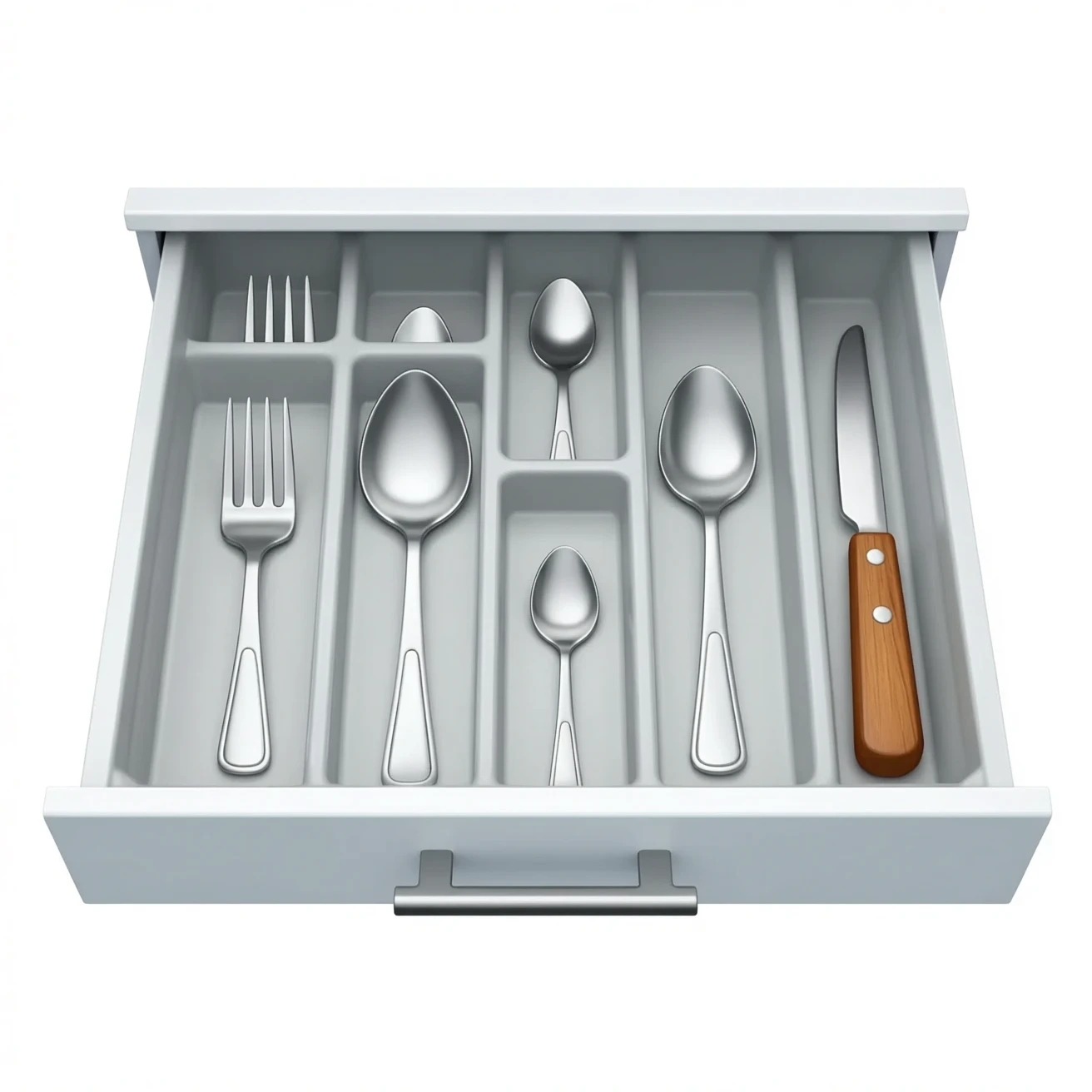Kitchen drawers, the top drawer is open and inside is cutlery emoji