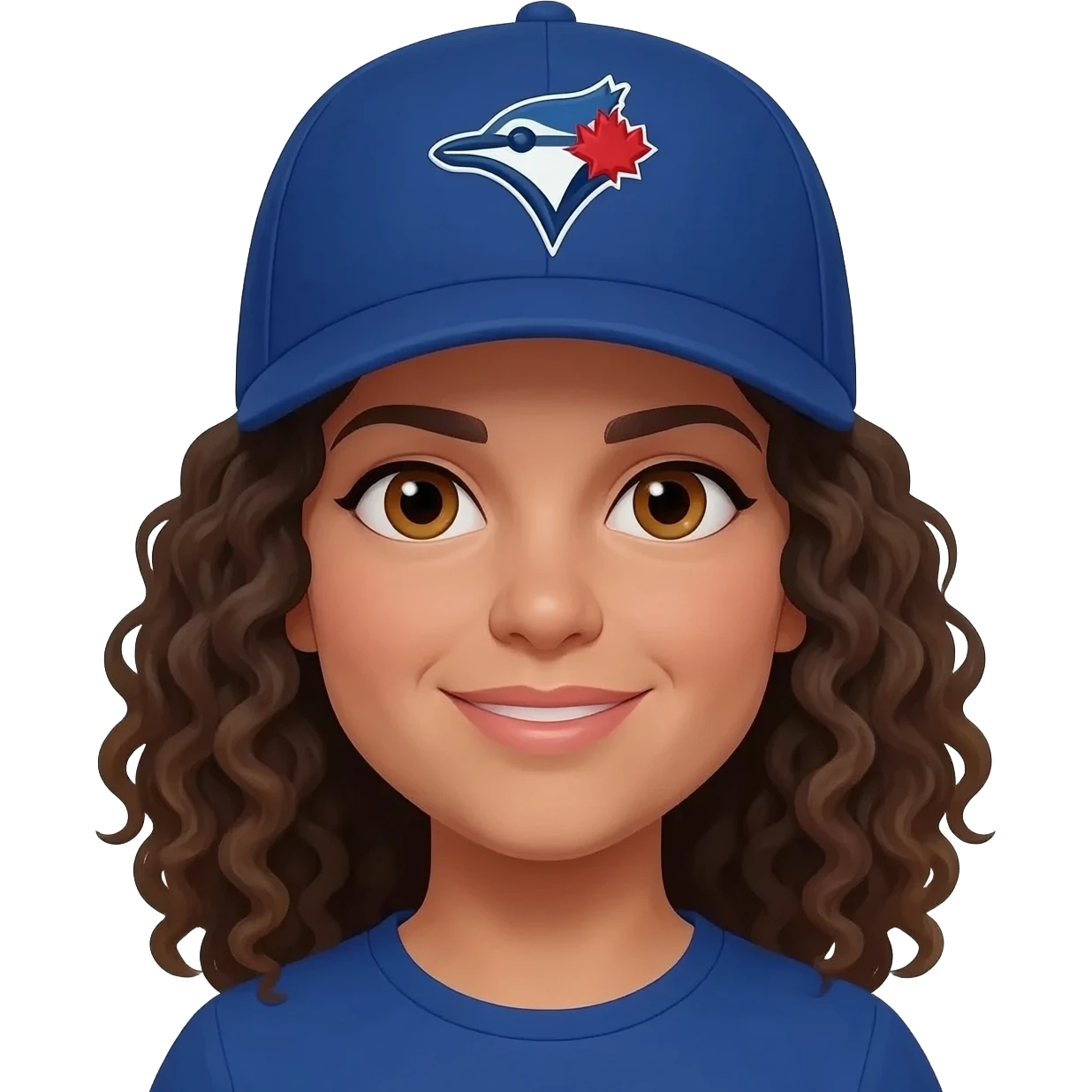 mid sized woman with curly hair and hazel eyes wearing a toronto blue jays hat emoji