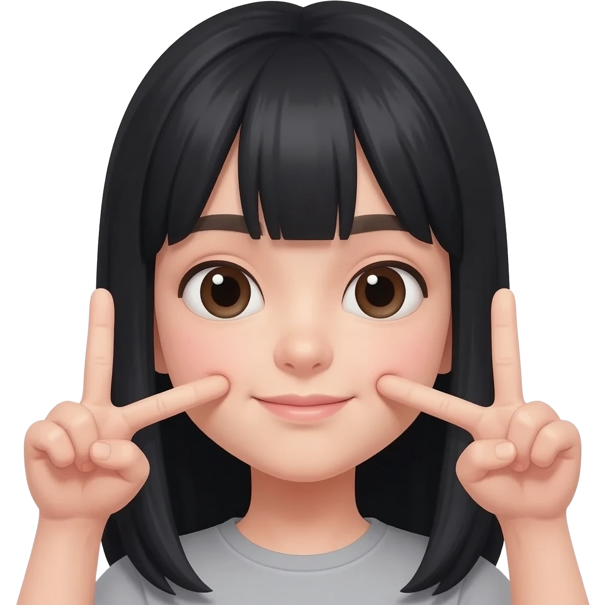 Chica con pelo negro largo haciendo con sus dos manos sacando un dedo de cada una para hacer una tacha, con un dedo enfrente del otro emoji
