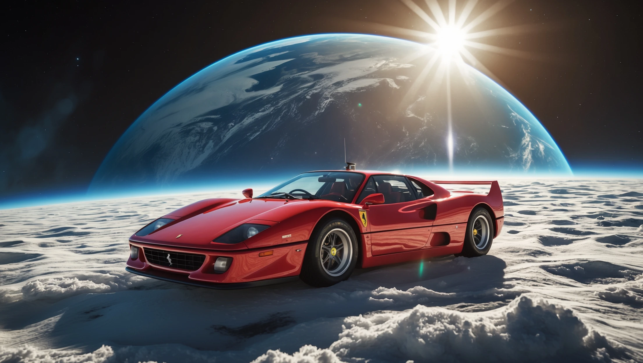 Cinematic still of a ferrari f40 floating in space, shot by space camera connect to spaceship, sun flare, big earth in background, captured by gopro emoji