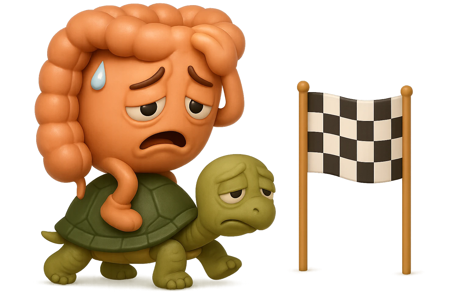  EMOJI STILE IPHONE 3D DI UN INTESTINO CON ESPRESSIONE ANGOSCIATA CHE CAMMINA SUL GUSCIO DI UNA TARTARUGA IN ATTESA ESTENUANTE DI RAGGIUNGERE UN TRAGUARDO POCO PIù AVANTI, SULLA LORO DESTRA. IL TRAGUARDO è UNA BANDIERA A DUE PIEDI CON FASCIA A SCACCHI BIANCHI E NERI. iperrealistico 4k emoji