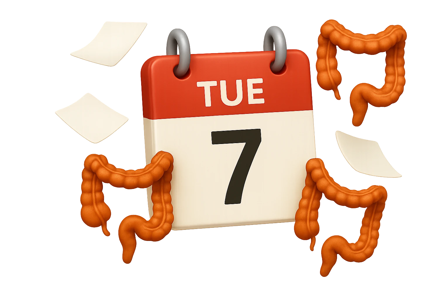 emoji stile iphone di un calendario con fogli che volano insieme a pezzi anatomici di colon umano, iperrealistico 4k, isolato su sfondo bianco emoji
