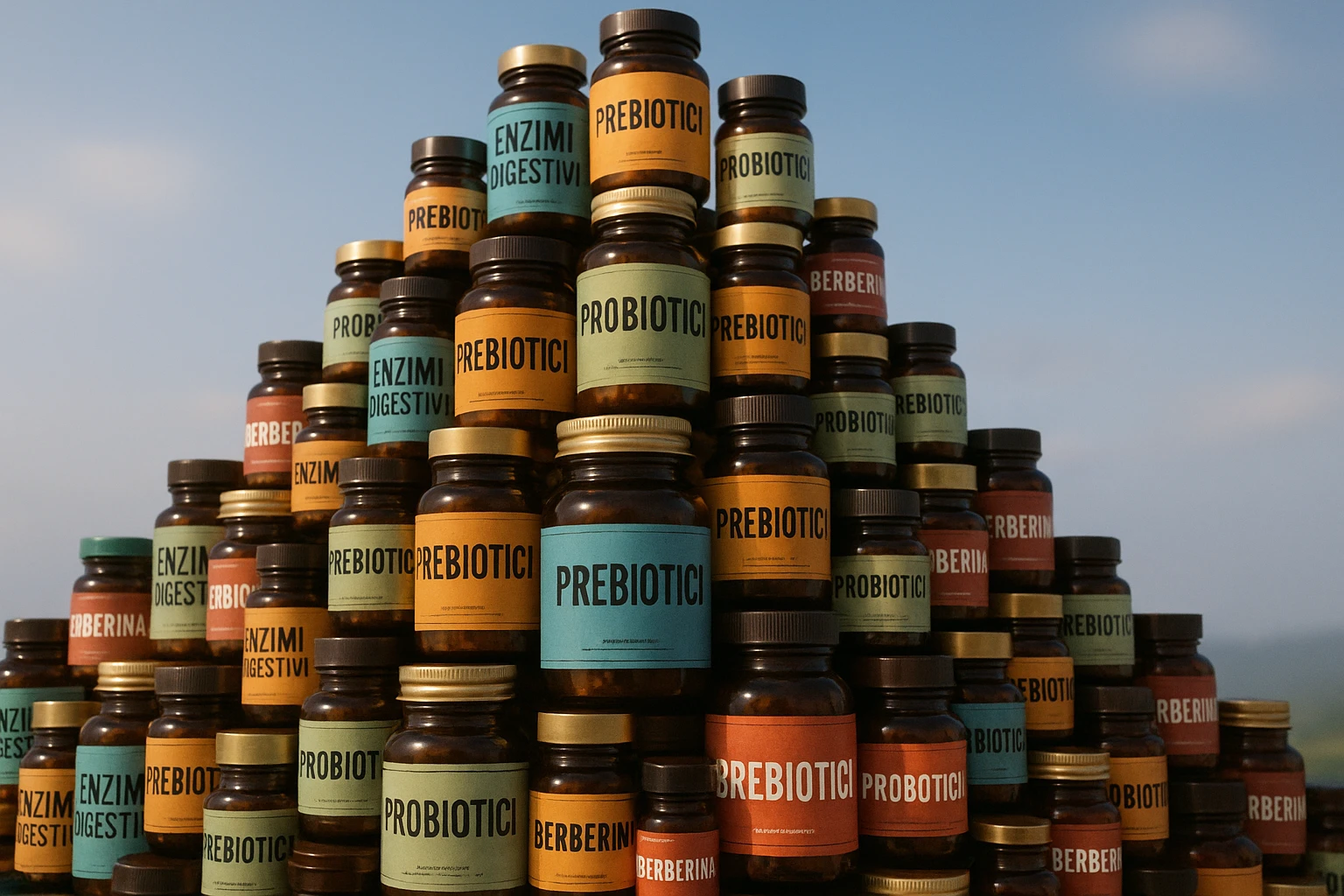 montagna di barattoli di integratori tipo "ENZIMI DIGESTIVI", "PREBIOTICI", "PROBIOTICI", "BERBERINA" con etichette in italiano emoji