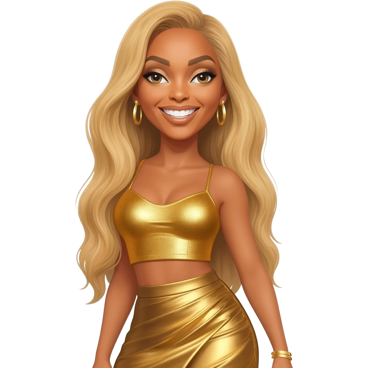 Beyonce with long blonde hair, gold metallic crop top, gold metallic skirt, gold earrings emoji