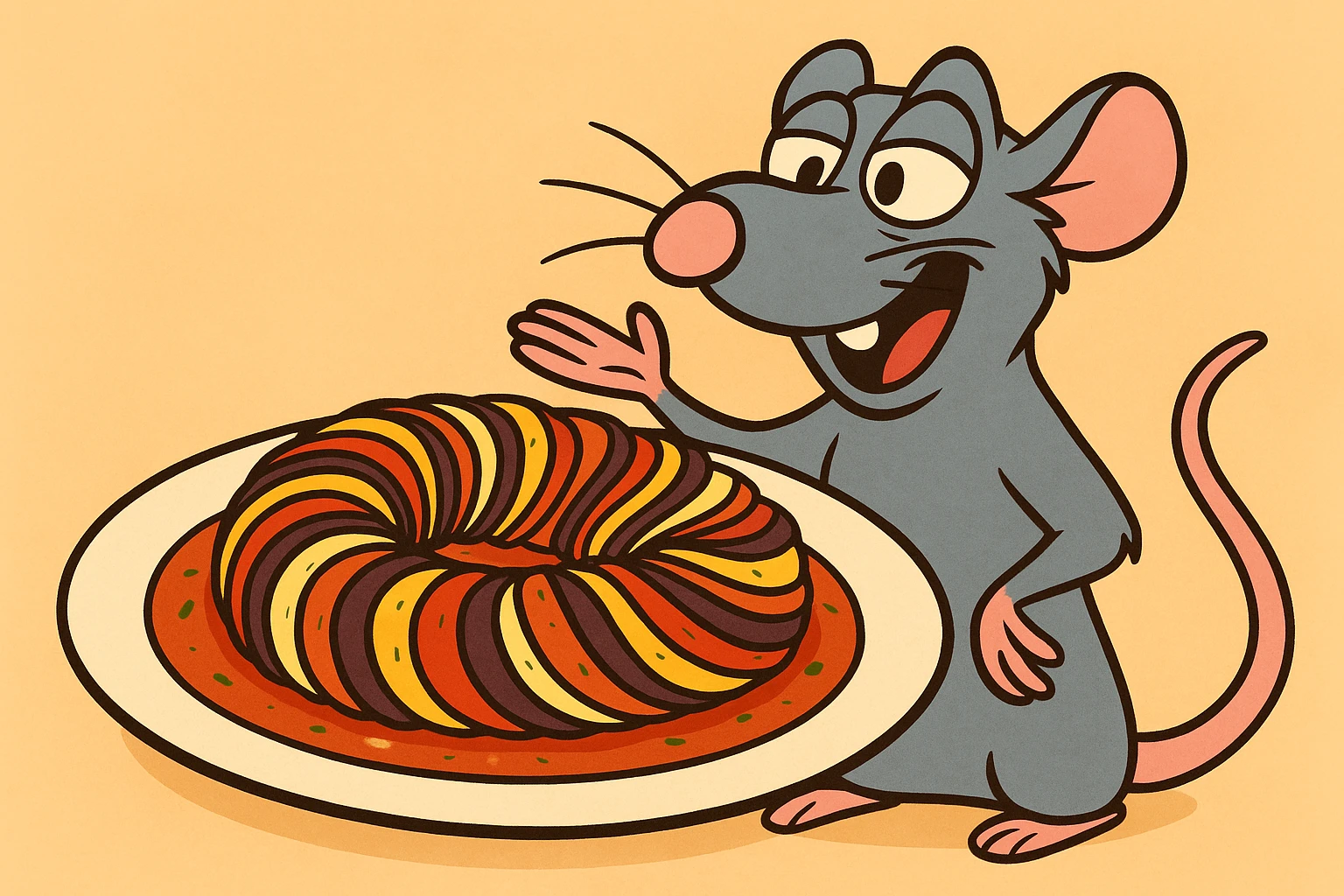 ratatouille food, stylized cartoon, sliced vegetables arranged in a spiral, bright colors, playful look emoji