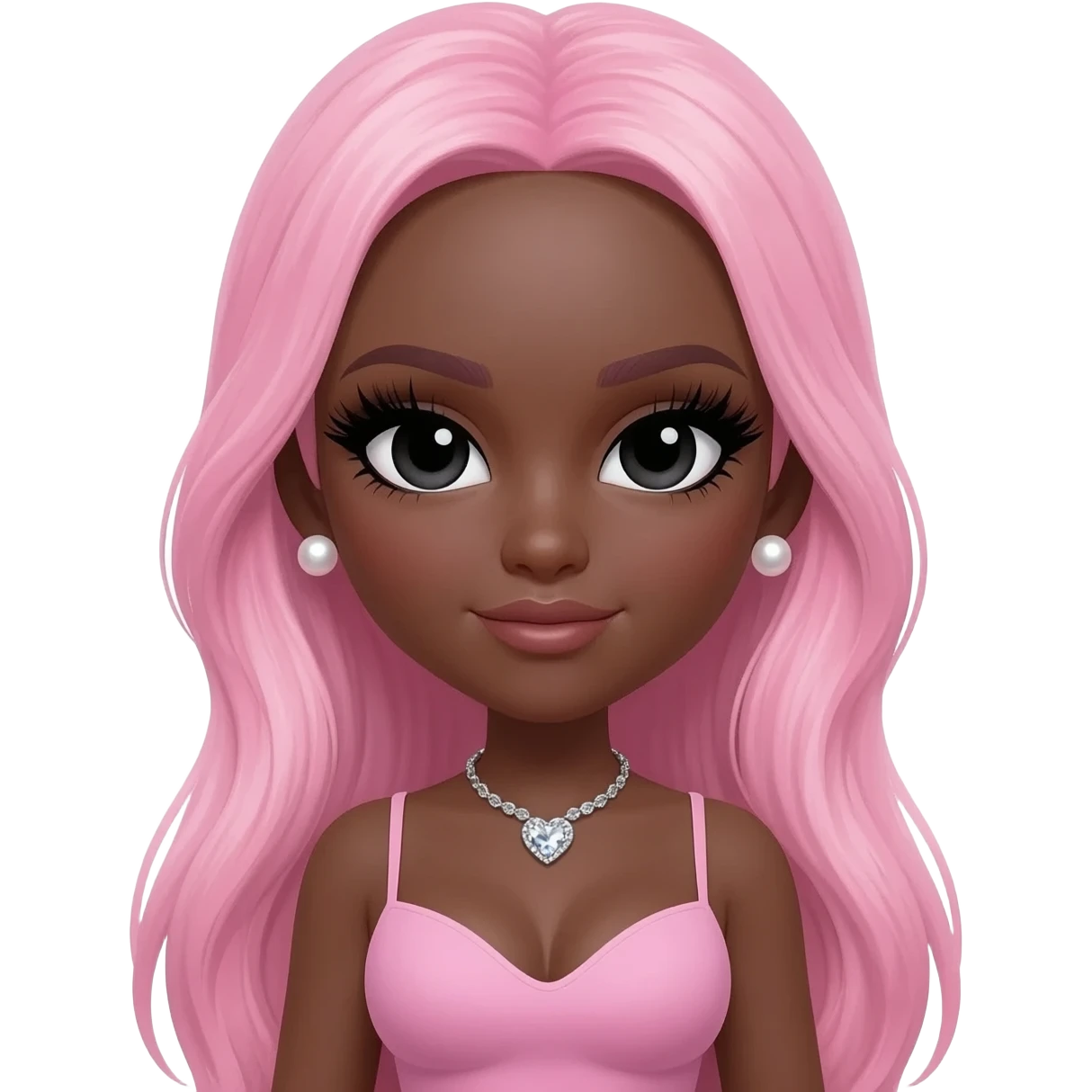 pearl earrings stud, Long giant lashes, Doll faced shaped,swarovski heart with Rhodium plated necklace, bimbo, black doll eyes, barbie, dark brown skin, with long pink hair, light pink, big breast emoji