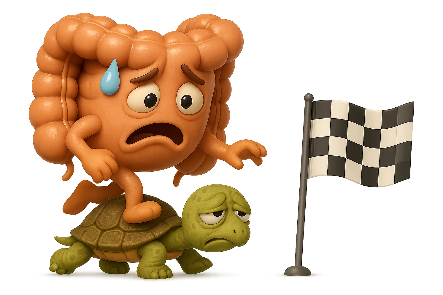  EMOJI STILE IPHONE 3D DI UN INTESTINO CON ESPRESSIONE ANGOSCIATA CHE CAMMINA SUL GUSCIO DI UNA TARTARUGA IN ATTESA ESTENUANTE DI RAGGIUNGERE UN TRAGUARDO POCO PIù AVANTI, SULLA LORO DESTRA. IL TRAGUARDO è UNA BANDIERA A DUE PIEDI CON FASCIA A SCACCHI BIANCHI E NERI. iperrealistico 4k emoji