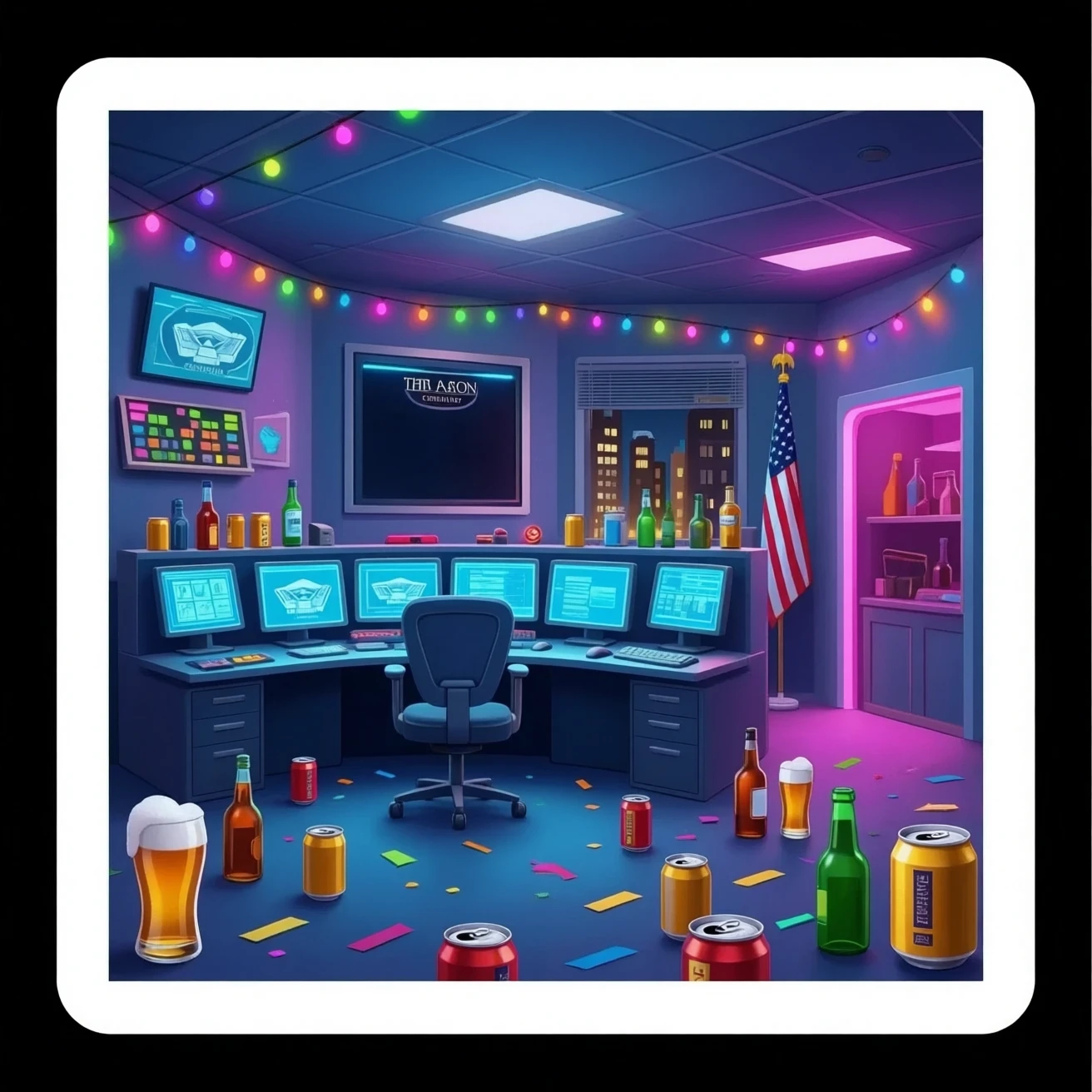 the United States pentagon turned into a war room/party pad with beer cans a liquor bottles, war room with a computer command center and party lights emoji