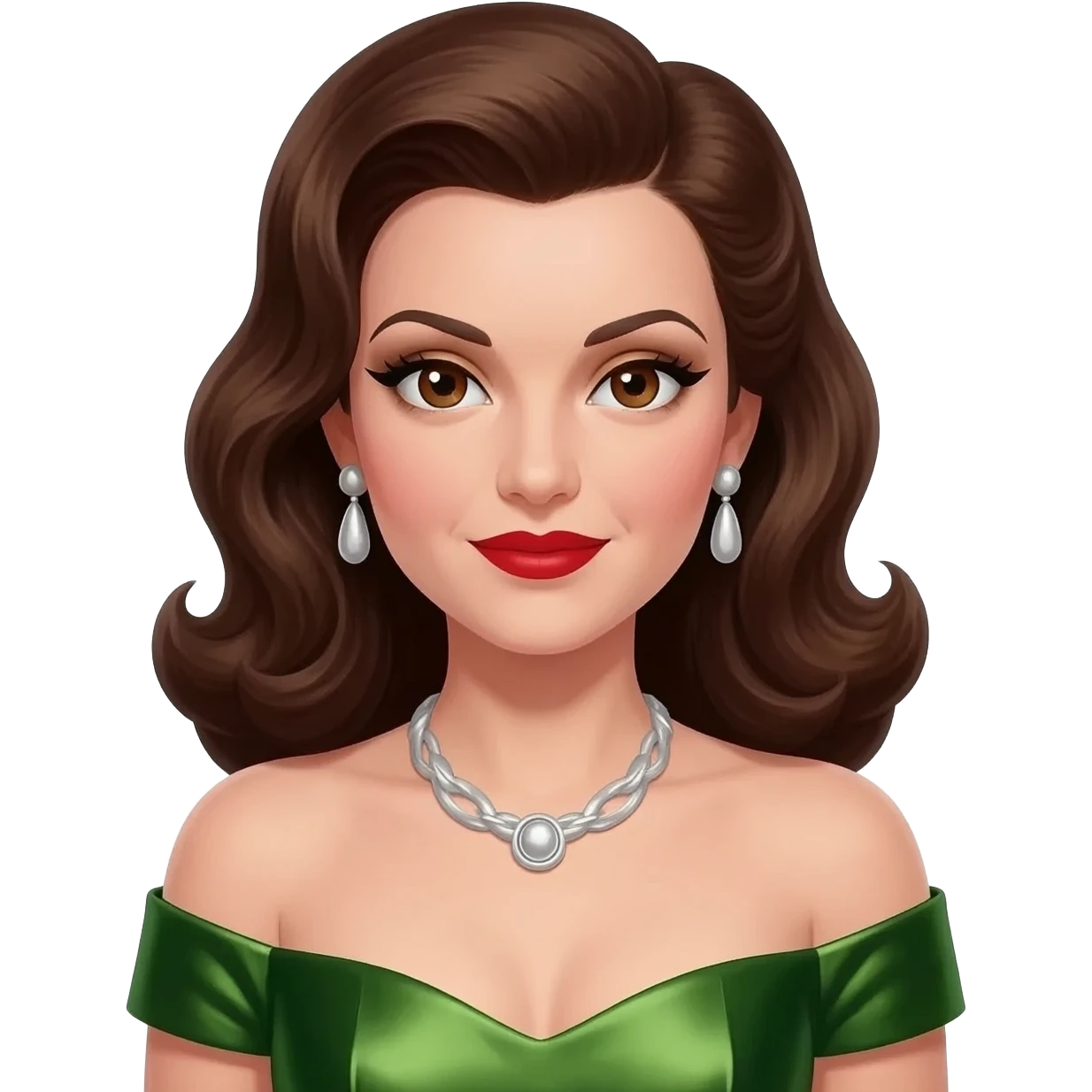 Maxene Andrews from The Andrews Sisters with brown eyes, long brunette hair, white eyeshadow, red lipstick, olive green metallic off shoulder dress, silver necklace and earrings emoji