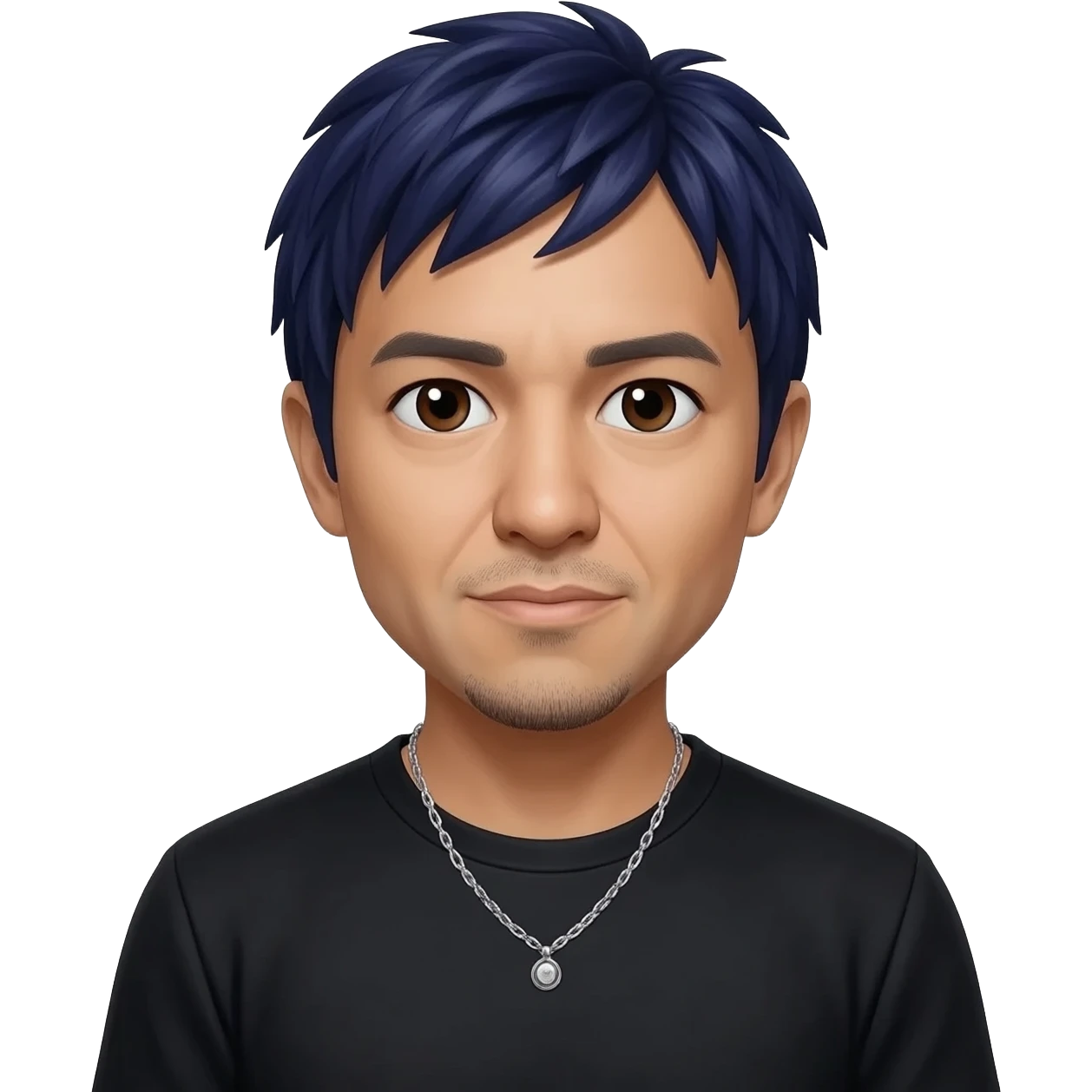 Mike Shinoda with dark brown eyes, dark indigo hair, black metallic t-shirt, silver necklace emoji