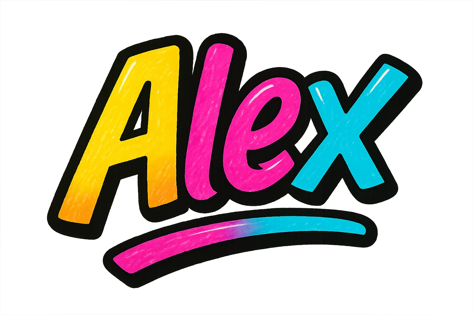 Alex name in modern colorful gradient font with dark outline, dynamic style with slanted or partial underline, transparent background, in the style of sample images emoji