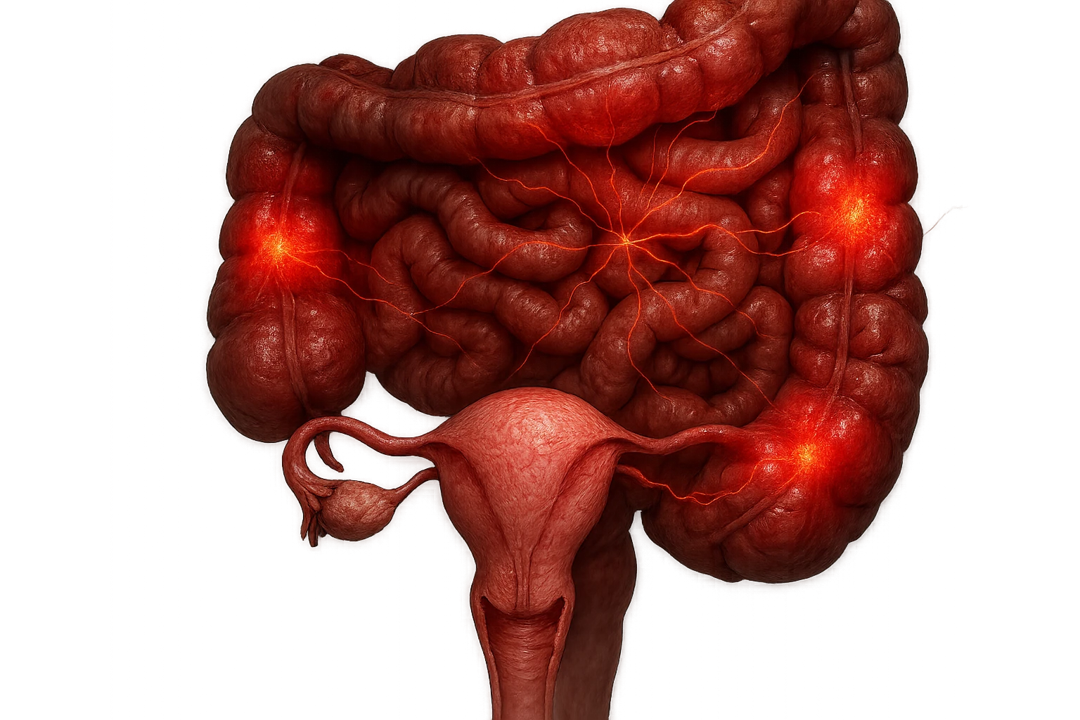 utero umano anatomico iperrealistico e intestino umano anatomico iperrealistico hanno in comune il dolore e l'infiammazione, rendi bene il collegamento tra i due organi doloranti, falla iperrealistica, non disegnata emoji