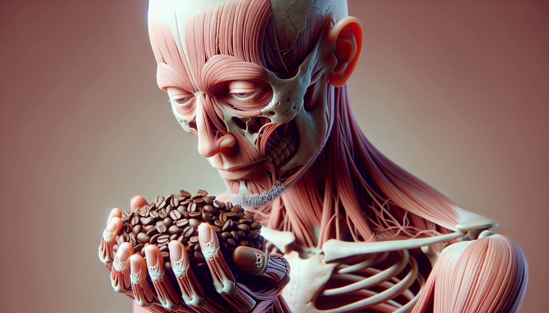 corpo umano anatomico che tiene in mano una manciata di chicchi di caffè e la guarda come se fosse dipendente da essa, stralunato, iperrealistico 4k emoji