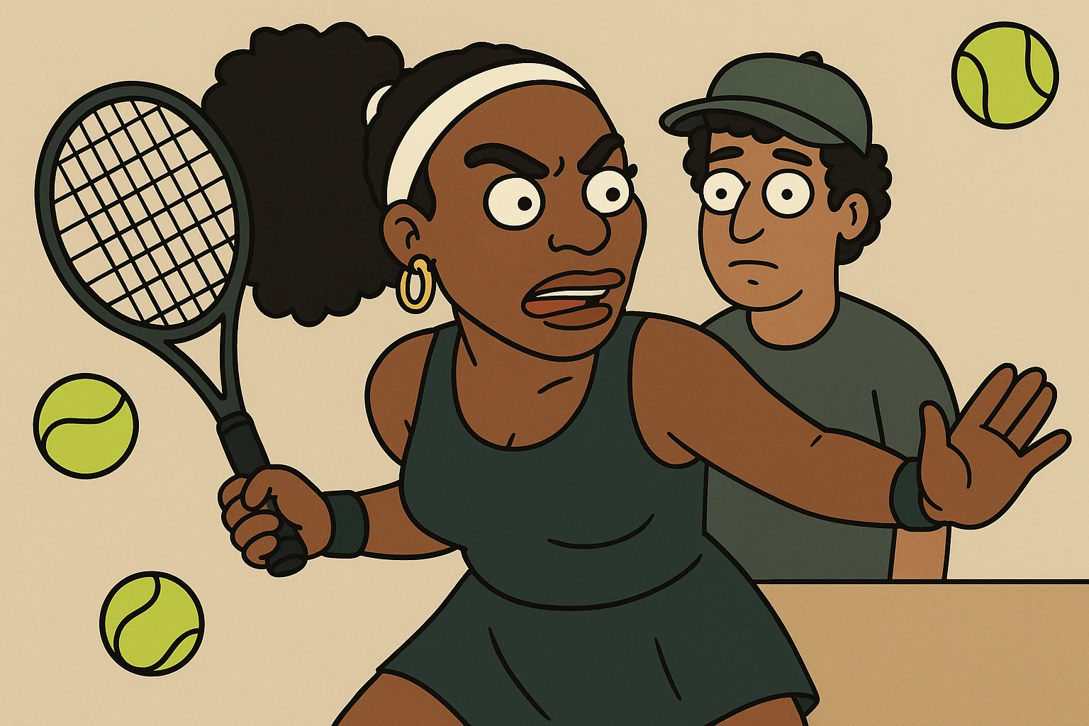 Serena Williams tennis Tennis balls a man black curly hair dark green a hat the people emoji