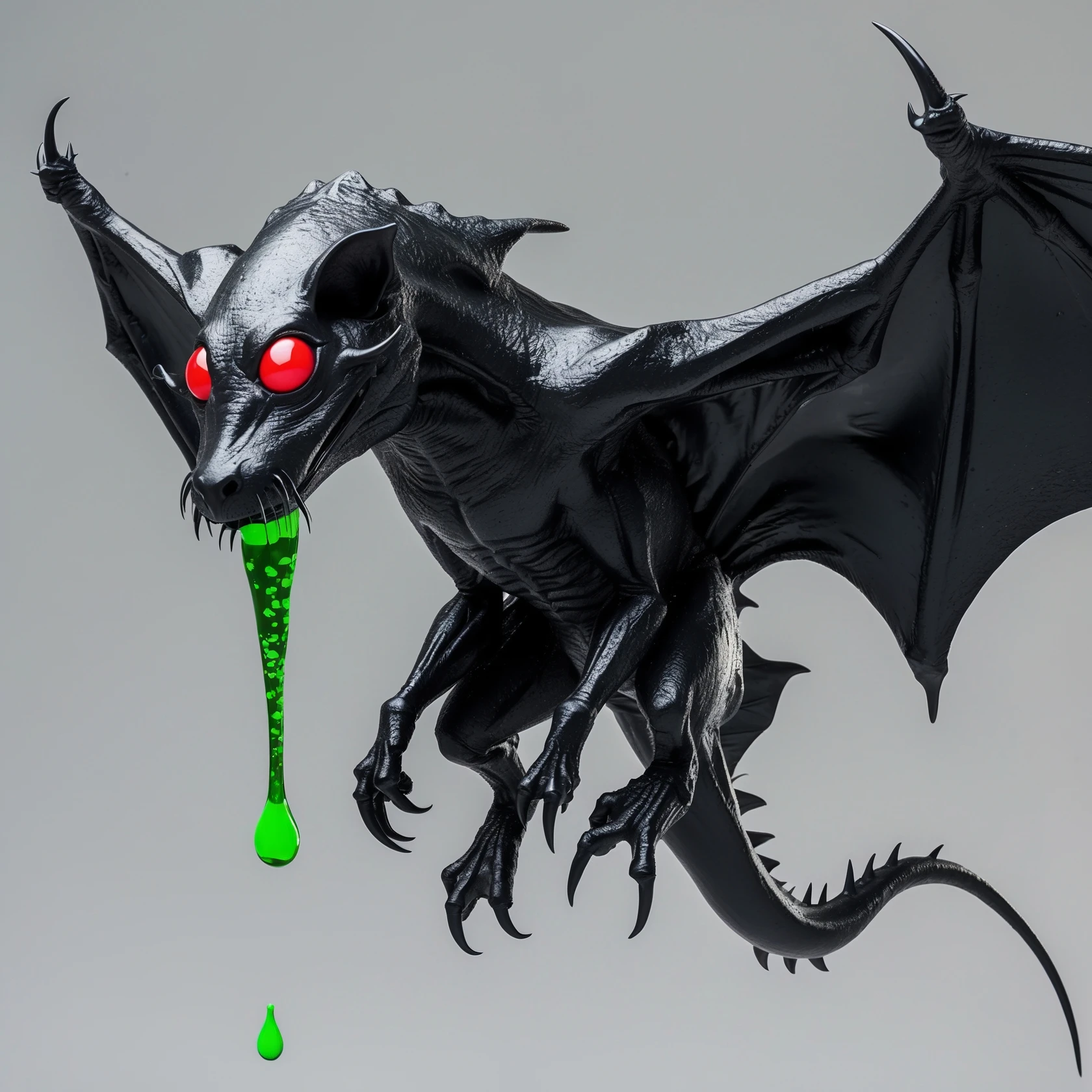 an all black reptilian bat-like creature. One cyclopian red eye in its face. no visible mouth or ears. 2 hind legs with claws. has a long tale with a stinger that drips green poison. no ears. no horns. no arms. visible bone-like stinger at end of tail emoji