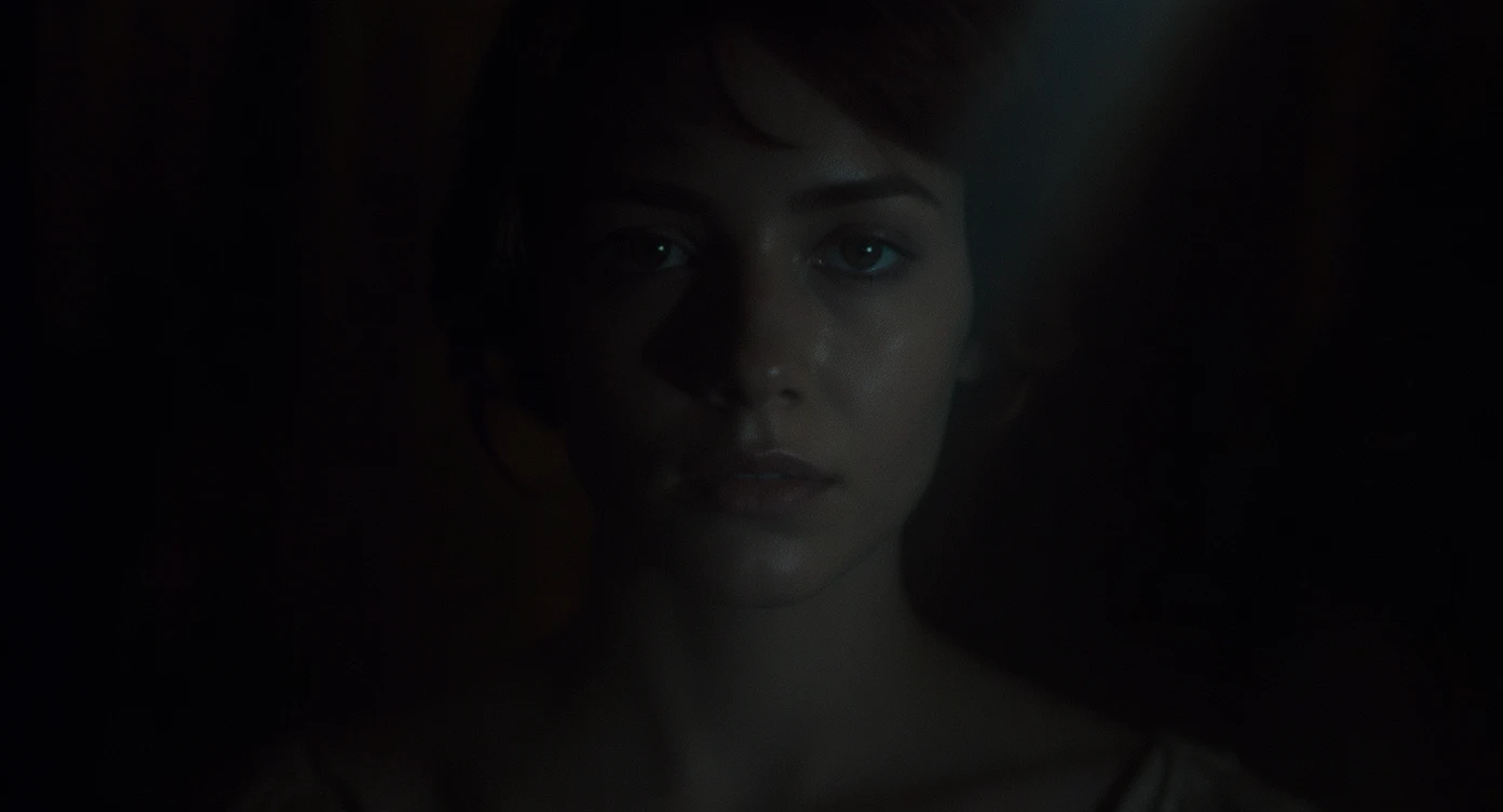 Cinematic scene, Closeup photo of woman face lit with a single ray of light emoji