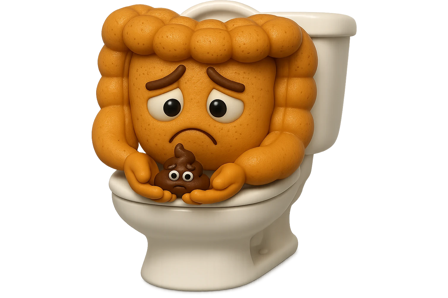 emoji stile iphone di un intestino realistico 3d che esce dal wc con in mano una montagnetta di feci con espressione triste a palline, iperrealistico 4k emoji