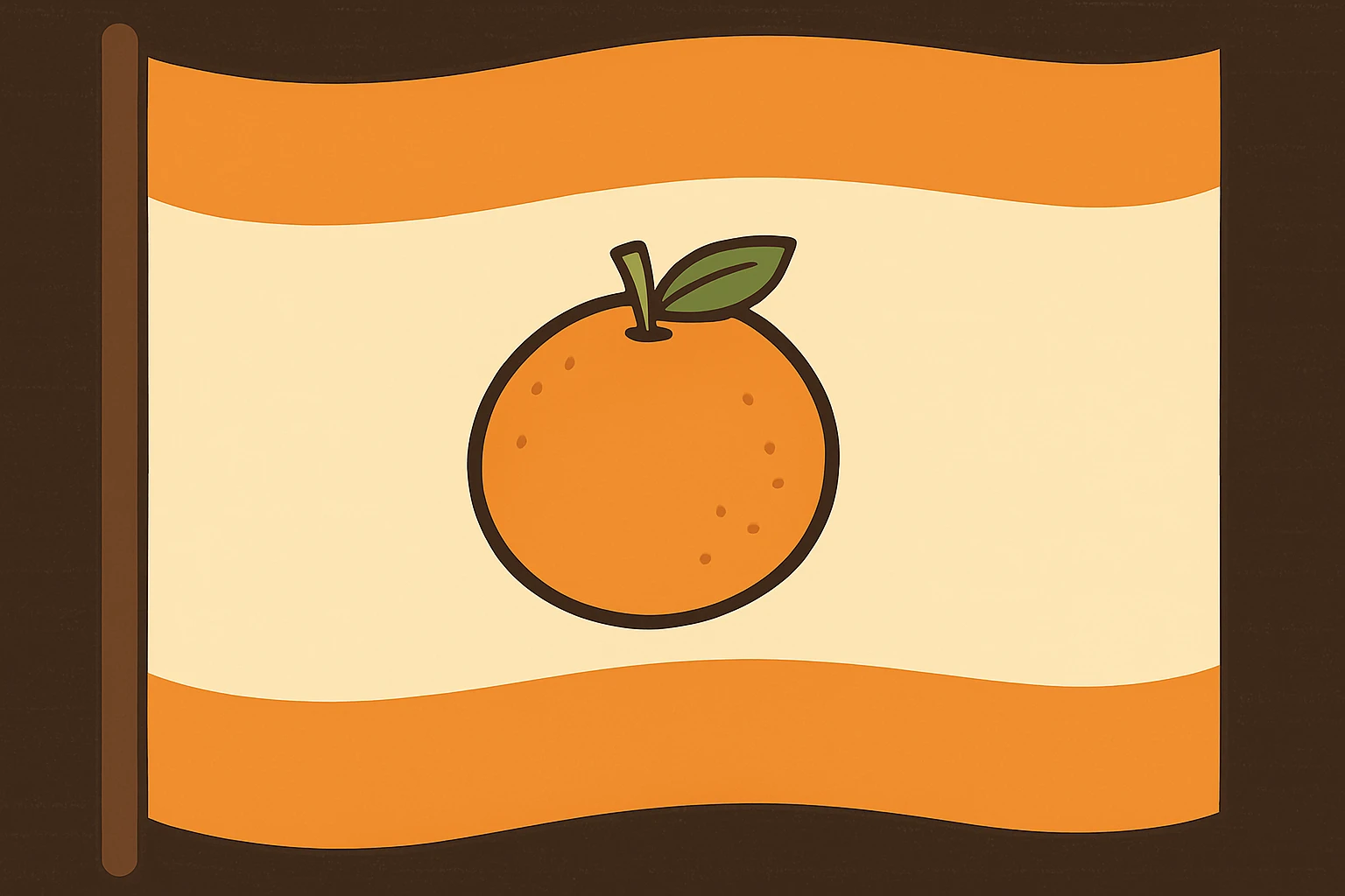 Reduce the size of the mandarin, remove any human elements, make the background white, and keep the flag style with orange stripes at the top and bottom. Maintain the overall composition and style as in the original image. emoji