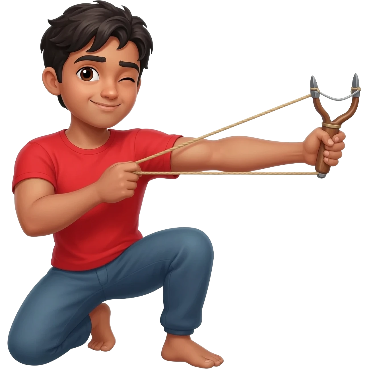 indian slightly muscle build boy wearing red tshirt and winking one eye and on his one knee stretching slingshot to shoot emoji
