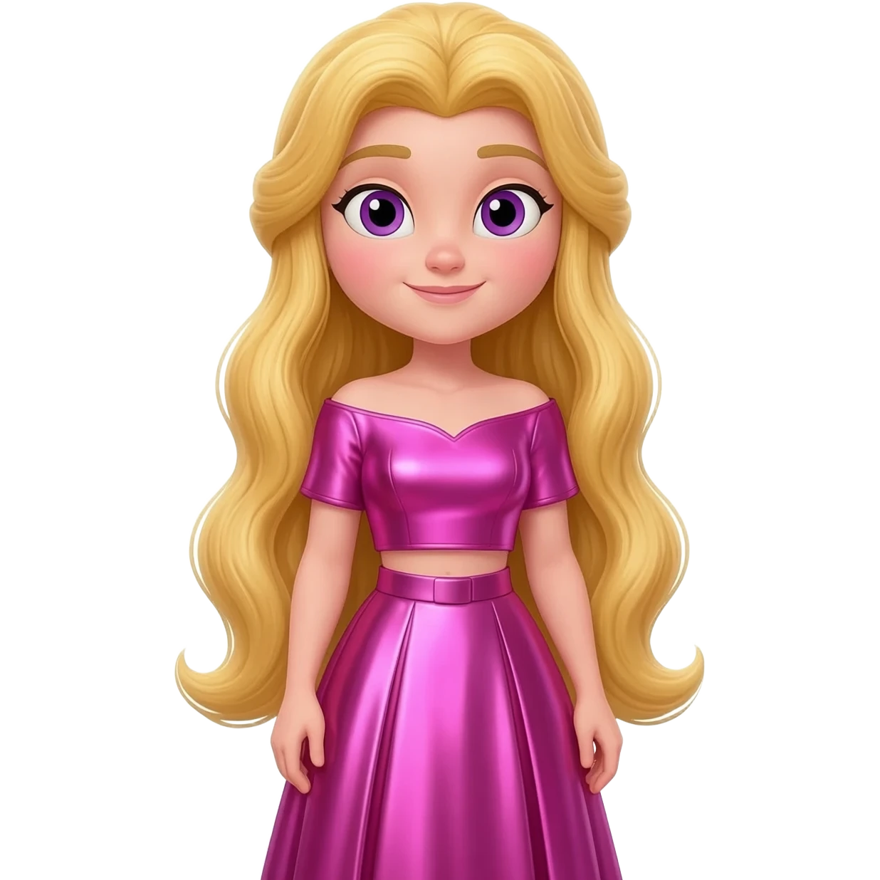 Aurora from Disney Princess with violet eyes, long blonde hair, hot pink metallic off shoulder crop top, pink obi belt, hot pink metallic long skirt emoji