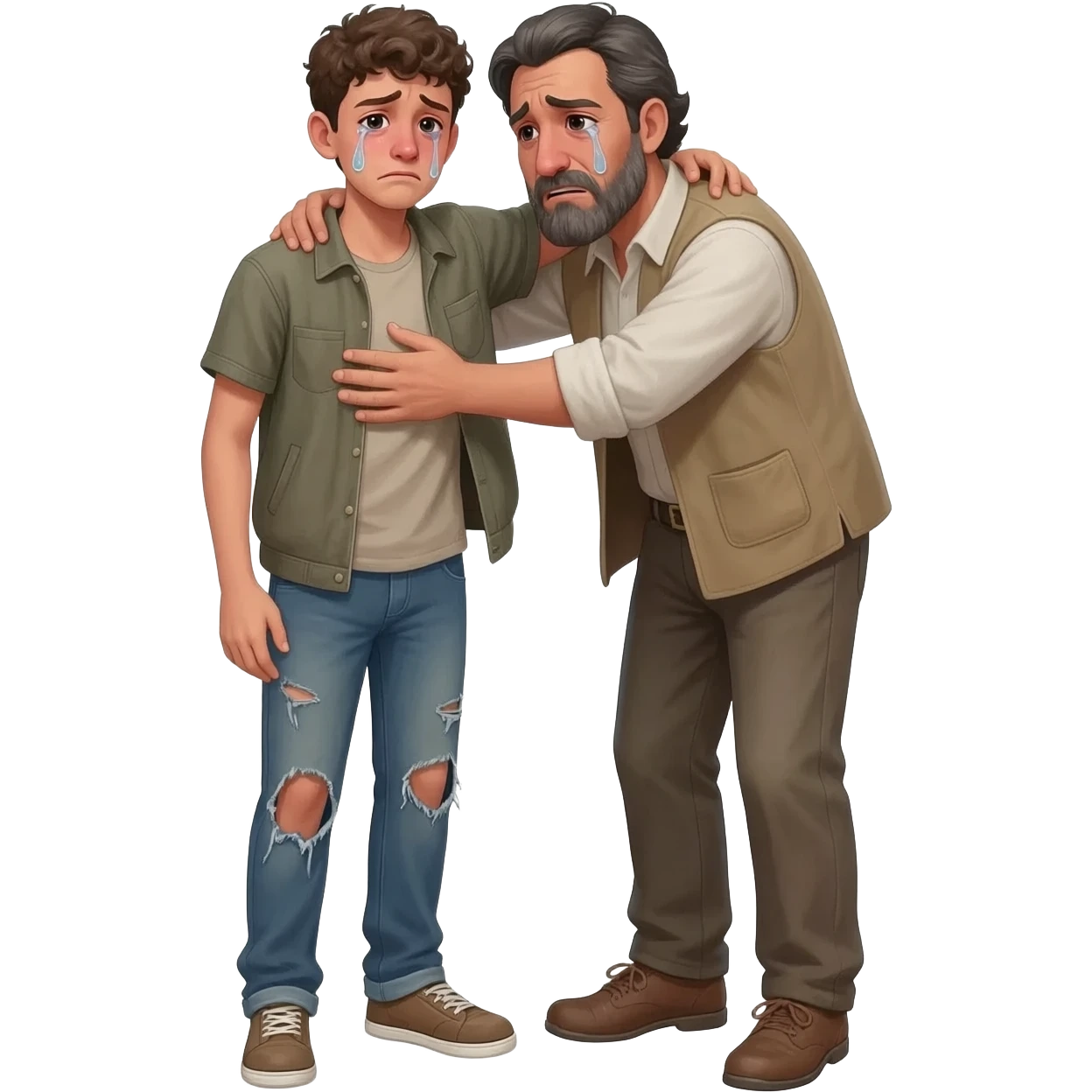 нарисуй как отец со слезами  обнимет с любовью и слезами  сына в рвной одежде  возростом 20-24  года во весь рост  ,  времена древнего иерусалима emoji