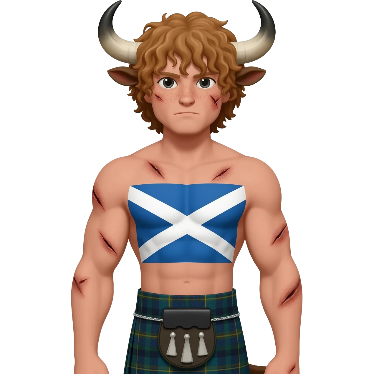 big buff curly man with scars on his face with freckles with messy light brown bangs that covers his face completely with bull horns and bull ears and bull tail dressed in kilt with big scottish flag emoji
