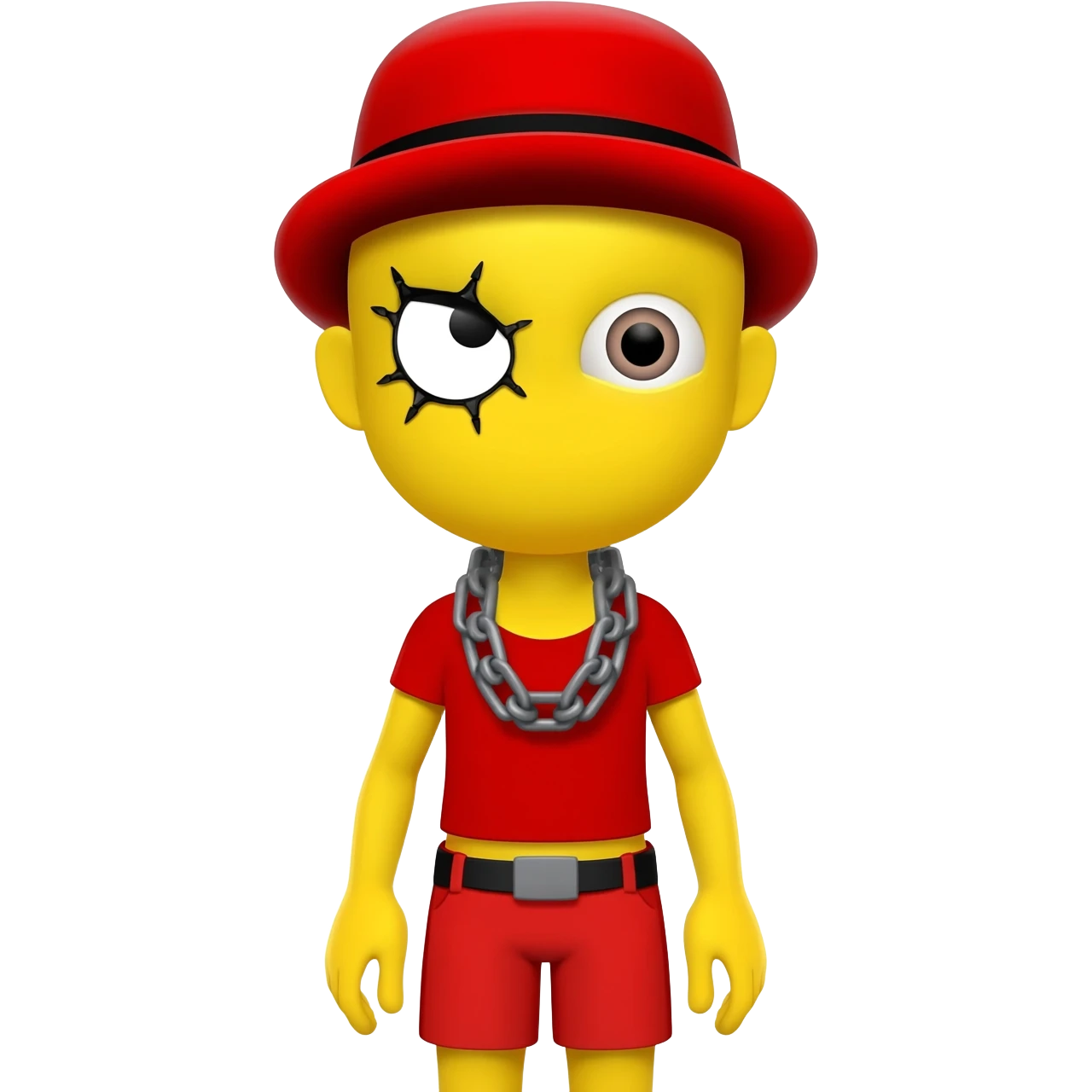 Make a yellow character with a black spider eye and a normal eye and a red top and shorts and a grey spider chain and a red hat emoji
