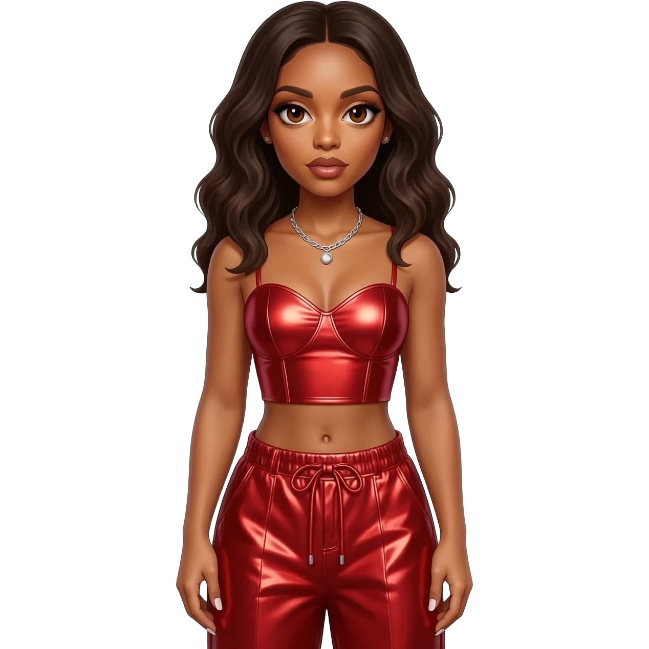 Kelly Rowland with brown eyes, dark brown hair, red metallic sweetheart crop top, red metallic baggy pants, silver necklace emoji