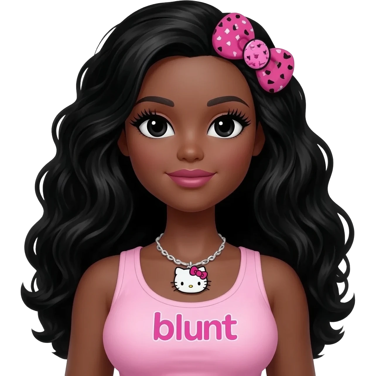 Long giant lashes, my melody hairclip, Doll faced shaped, hello kitty necklace, bimbo, black doll eyes, barbie, dark brown skin with long curls black hair, light pink bimbo sleeveless shirt says "blunt" , big breast emoji