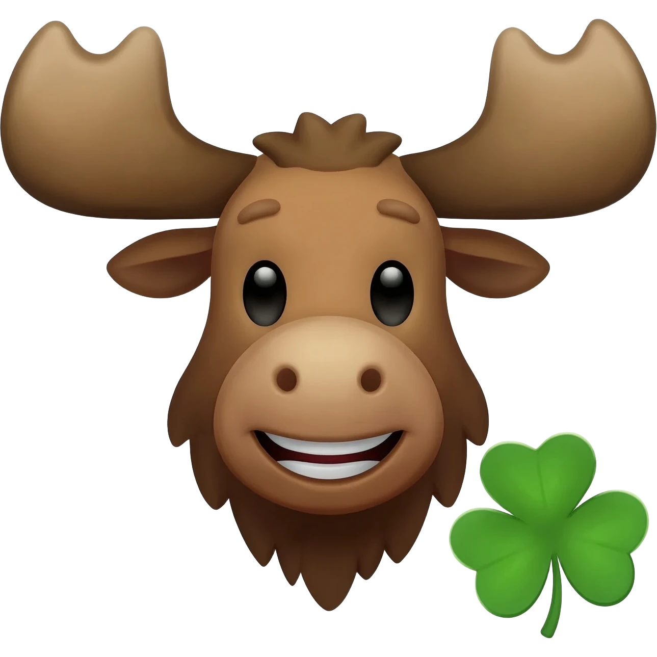 Fröhlicher elchkopf mit schaufeln und mit einem Glücksklee neben dran emoji