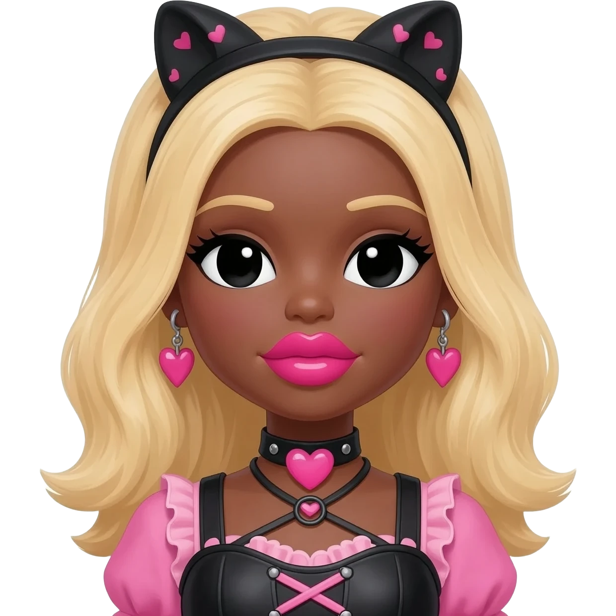 heart shaped cute lips bimbo, black doll eyes, Big lips barbie, dark brown skin with blonde hair, bimbocore outfit emoji