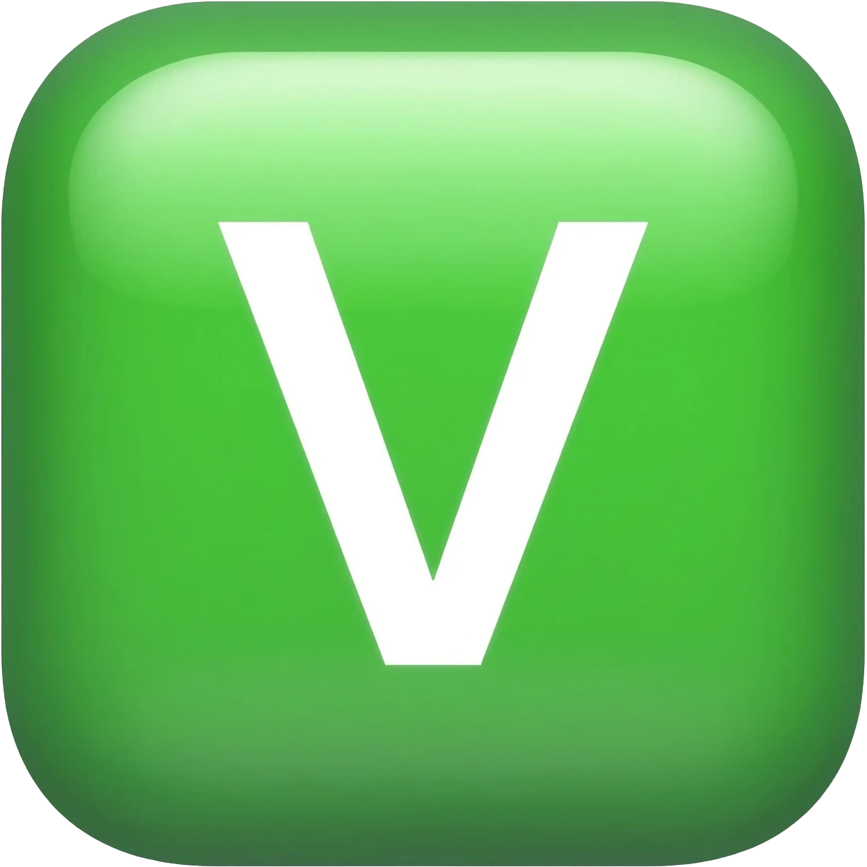 "3D premium,3D rounded-square icon in strong GREEN with a beveled edge, bold serif white letter 'V'centered, strong specular highlights, inner glow, 1024x1024, png" emoji