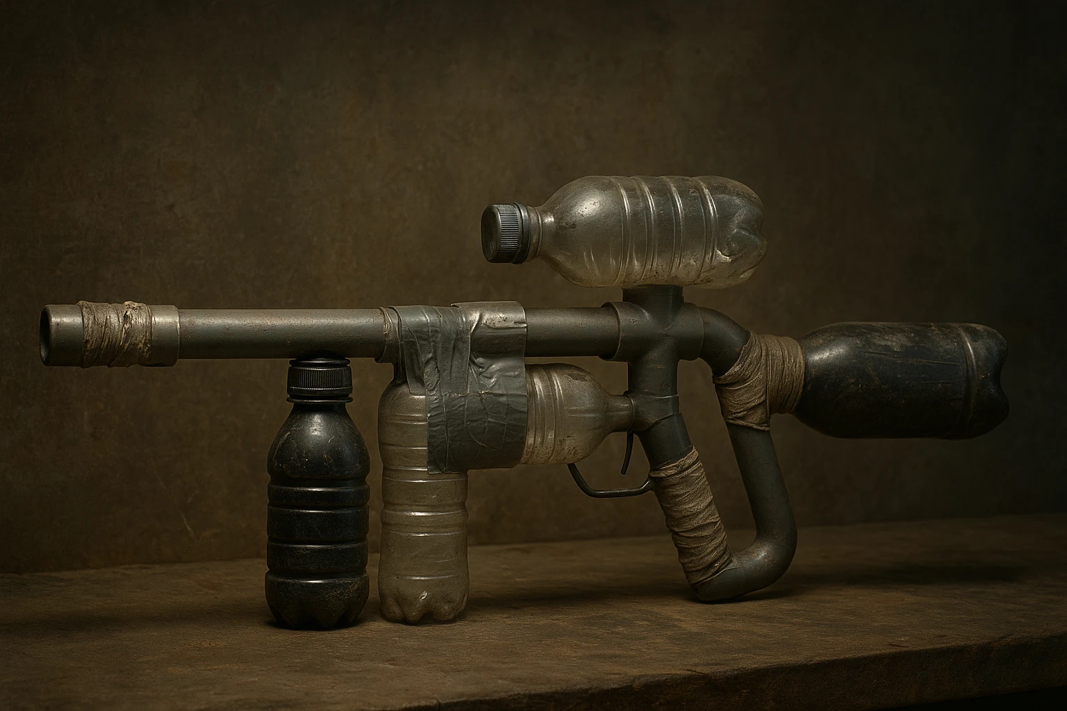 realistic cobbled-together rifle using household tubes and bottles, with visible repairs, tape, and a post-apocalyptic, resourceful look emoji