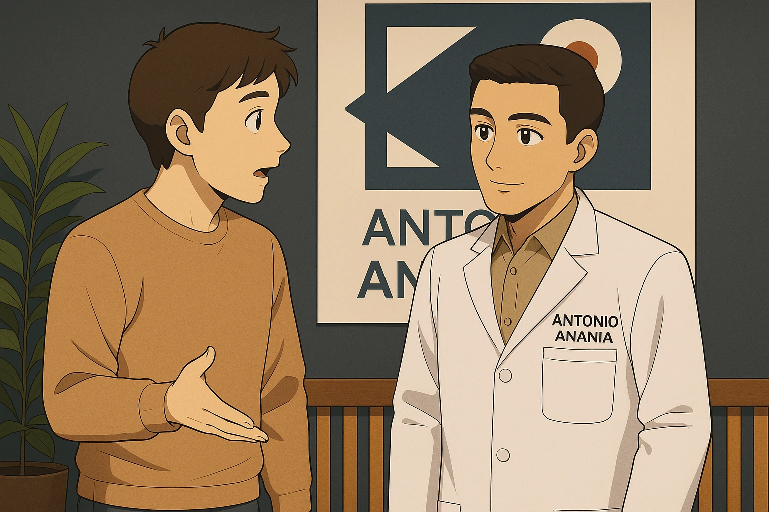 fai un webtoon manga a colori con questo stile, in cui un uomo chiede al kinesiologo con il camice bianco una domanda e il kinesiologo gli risponde, non fare i fumetti però, fai solo in modo che sembri stiano parlando emoji
