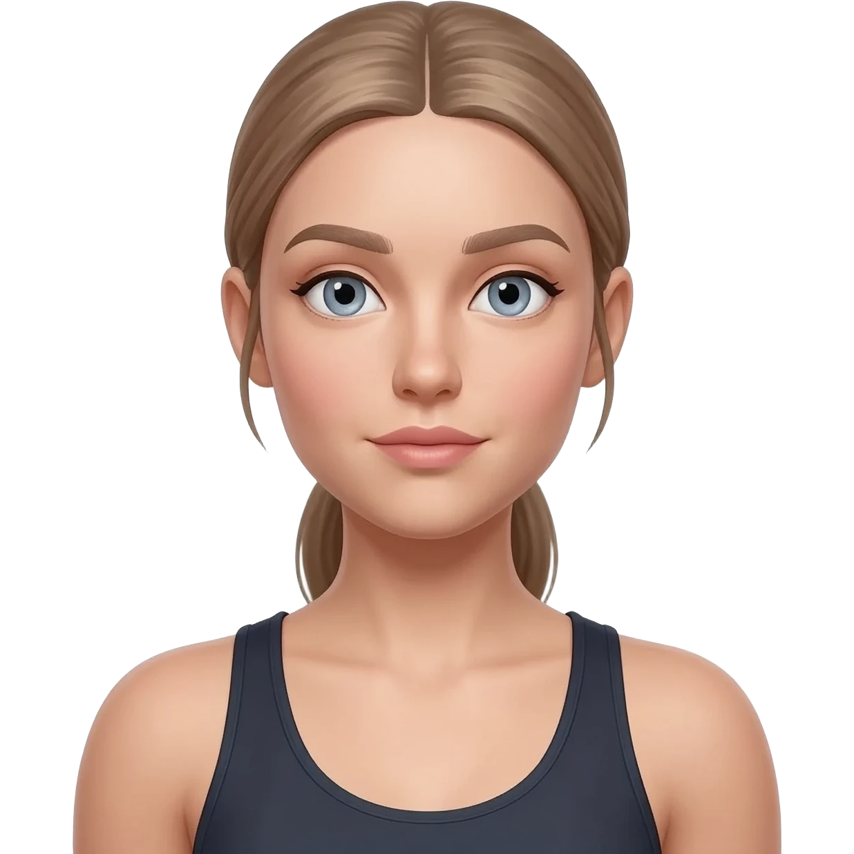 same woman: fair skin, light gray-blue eyes, ash brown eyebrows, light brown to dark blonde hair with a cool ash tone, center part, hair tied back, natural face, slim athletic body emoji