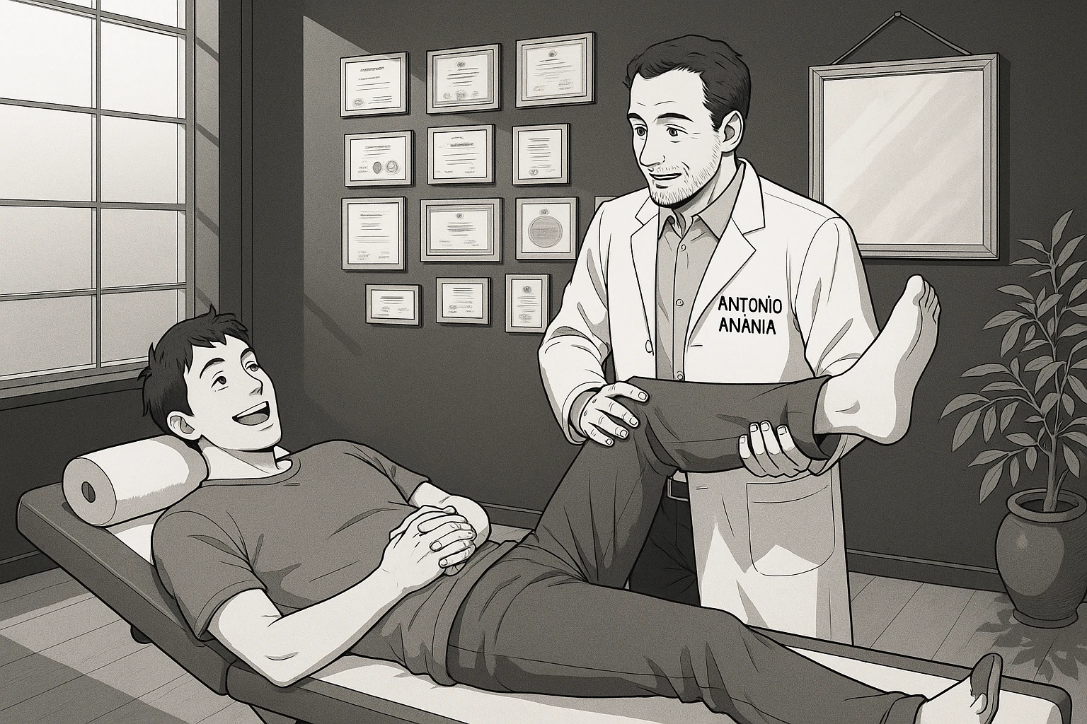 su questo lettino rappresenta un webtoon manga a colori con questo stile, in cui un uomo è steso sul lettino medico e il kinesiologo con il camice bianco (fagli anche la scritta "ANTONIO ANANIA" SUL CAMICE, gli solleva una gamba per fargli il test neuromuscolare, IL KINESIOLOGO SPIEGA ALL'UOMO UNA cosa mentre gli alza la gamba. l'espressione dell'uomo è felice e soddisfatta, non fare i fumetti però, fai solo in modo che sembri stiano parlando emoji