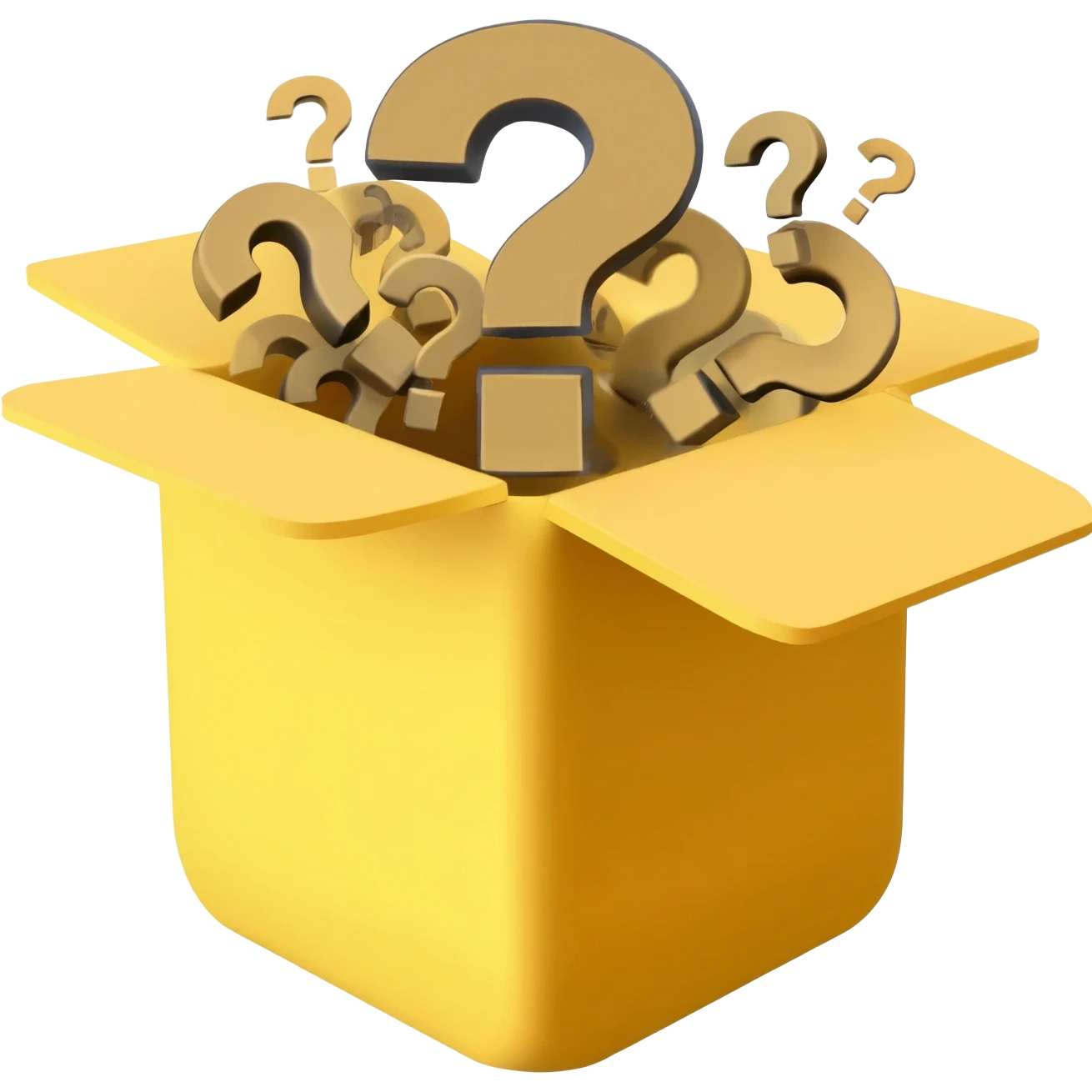 yellow cube shaped box filled with over stuffed question marks emoji