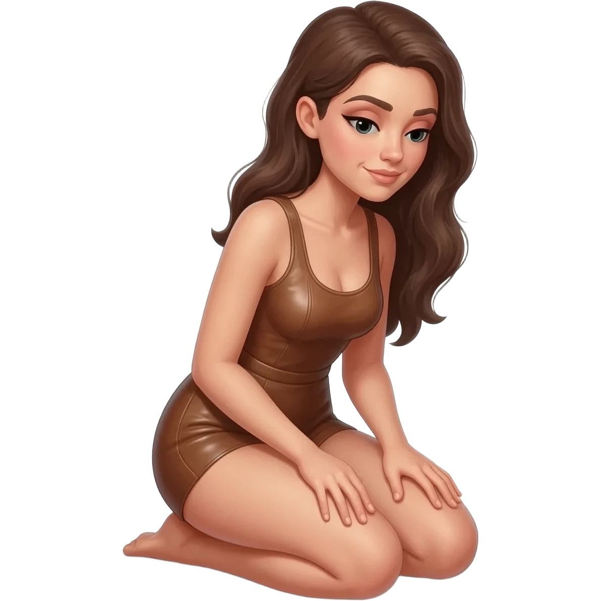 A woman sits onA woman sits in humble bdsm posture on her knees. She has the palms of her hands resting upwards on her thighs, looks at the floor and wears bdsm leather underwear her knees dressed only in bdsm leather underwear and has her palms facing up on her thigh. She looks humbly at the floor emoji