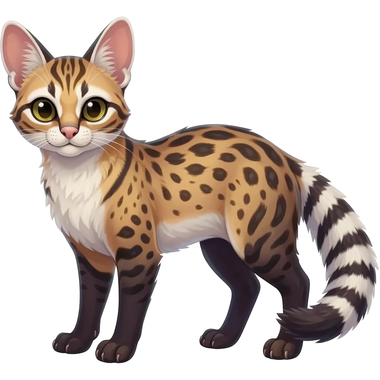 Feral Rare Fantasy shaded detailed colorful Genet-Trico-Civet-Cacomistle-Margay-Opposum-species by LiLaiRa,, with white stripes with dark-blackish points, white belly, random markings, tufted tail, tufted ears, full body emoji