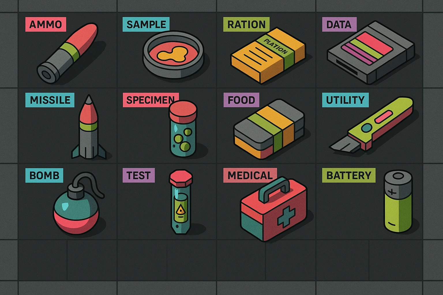 a virtual display, a gray grid with darker gray cells, each cell containing an item viewed in isometric minimalism render The cells have pastel neon colored labels in their upper corner, indicating various traits of the items. retrofuturism, circa 2880's.
The items are scientific and military in nature - varieties of munitions, scientific samples, rations, data storage, utilities. There are two arrays of grids, one left, one right. Each array has a few empty spaces at the bottom. "graphic realism." brutalism. the items are adorned in a combination of  bright colors, neon-safety, early 90's pallet, with muted gray tones in EVEN BALANCE. emoji